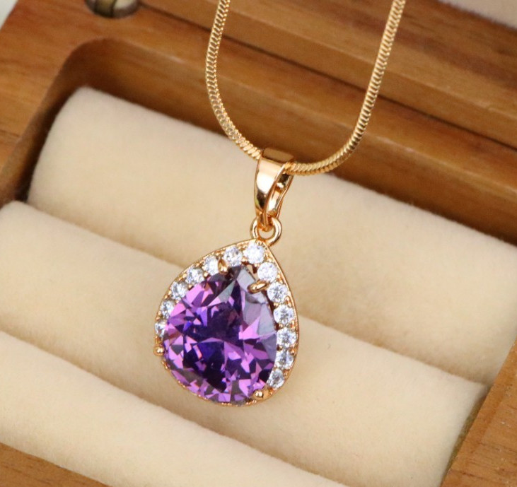 with Crystal Halo in Elegant Rose Gold Finish, XPPT1615 Teardrop Purple Pendant