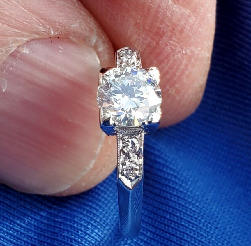 Original EARTH MINED DIAMOND Deco Engagement Ring Vintage PLATINUM Solitaire S 5