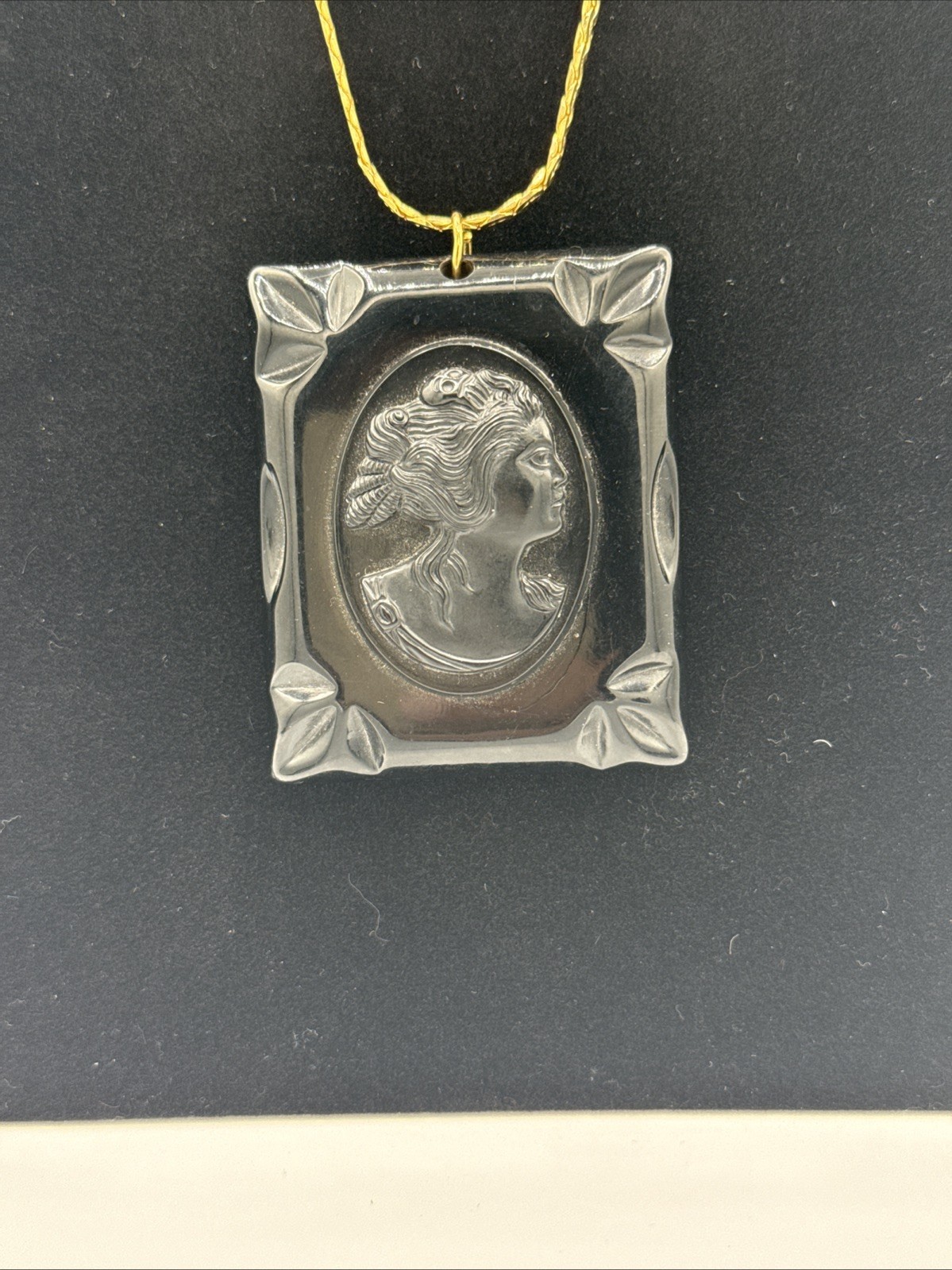 Vintage Black Victorian Cameo Necklace Celluloid Bake Gothic Mourning Pendant GP