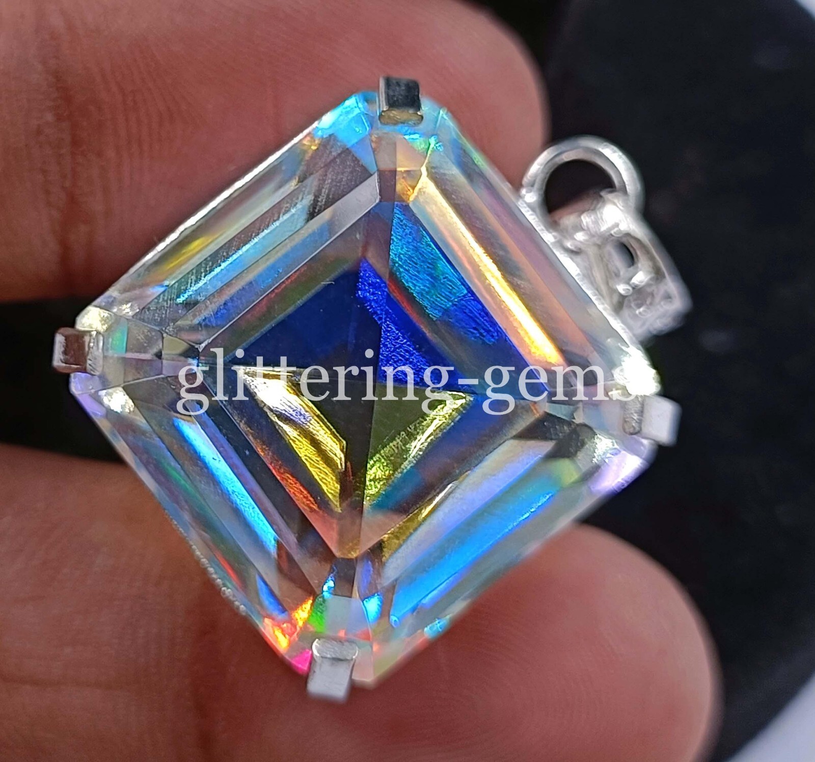 Mystic Topaz Emerald Cut 77.70 Ct Gemstone Pendent 925 Sliver With Free Chain NB