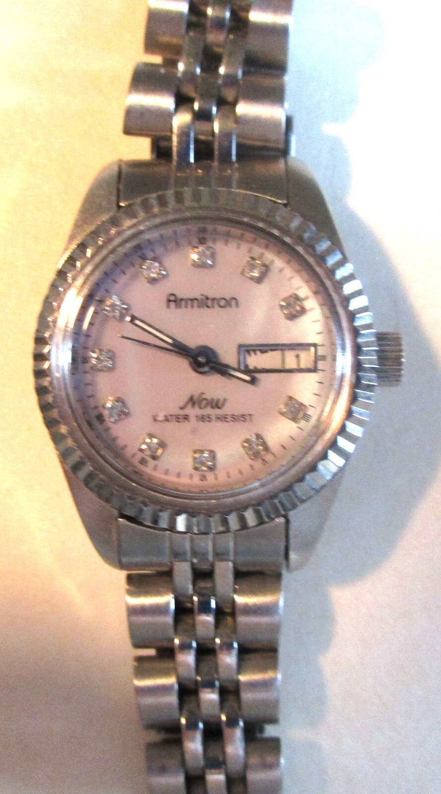 Nice Ladies Armitron NOW MOP Dial Crystal Accent Indices Quartz Day DateWatch