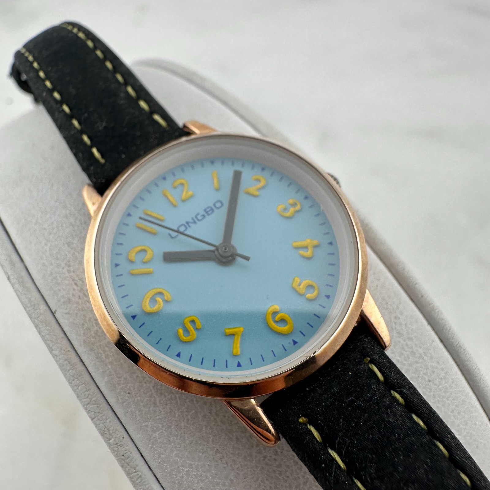 Longbo Ladies Leather Band 27mm Watch. Blue/Yellow Dial New Battery. 7058L