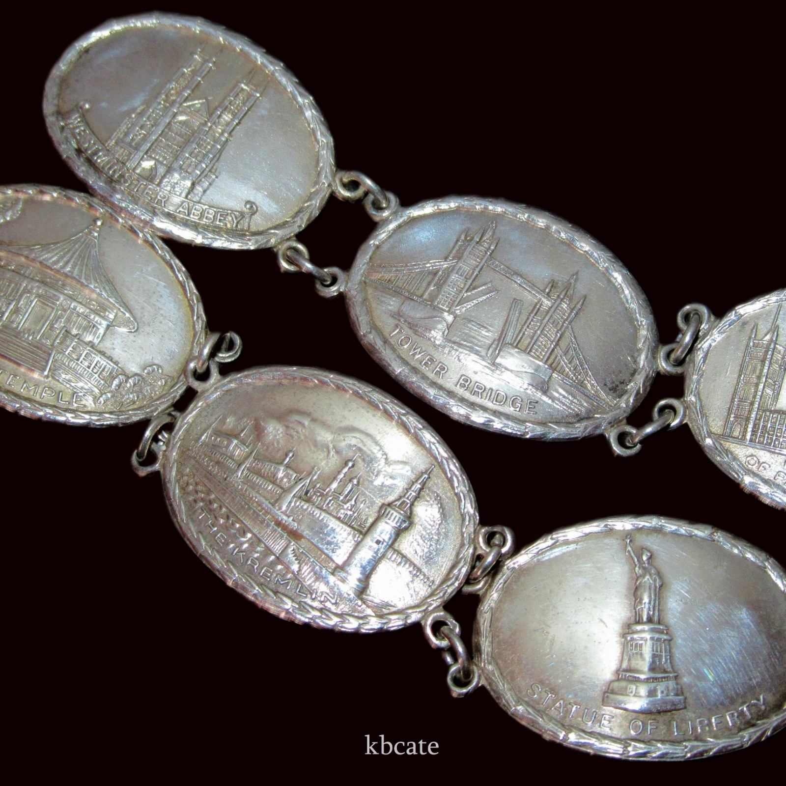VTG Art Deco Silver Enamel India Souvenir Bracelet Taj Mahal Golden Temple Delhi