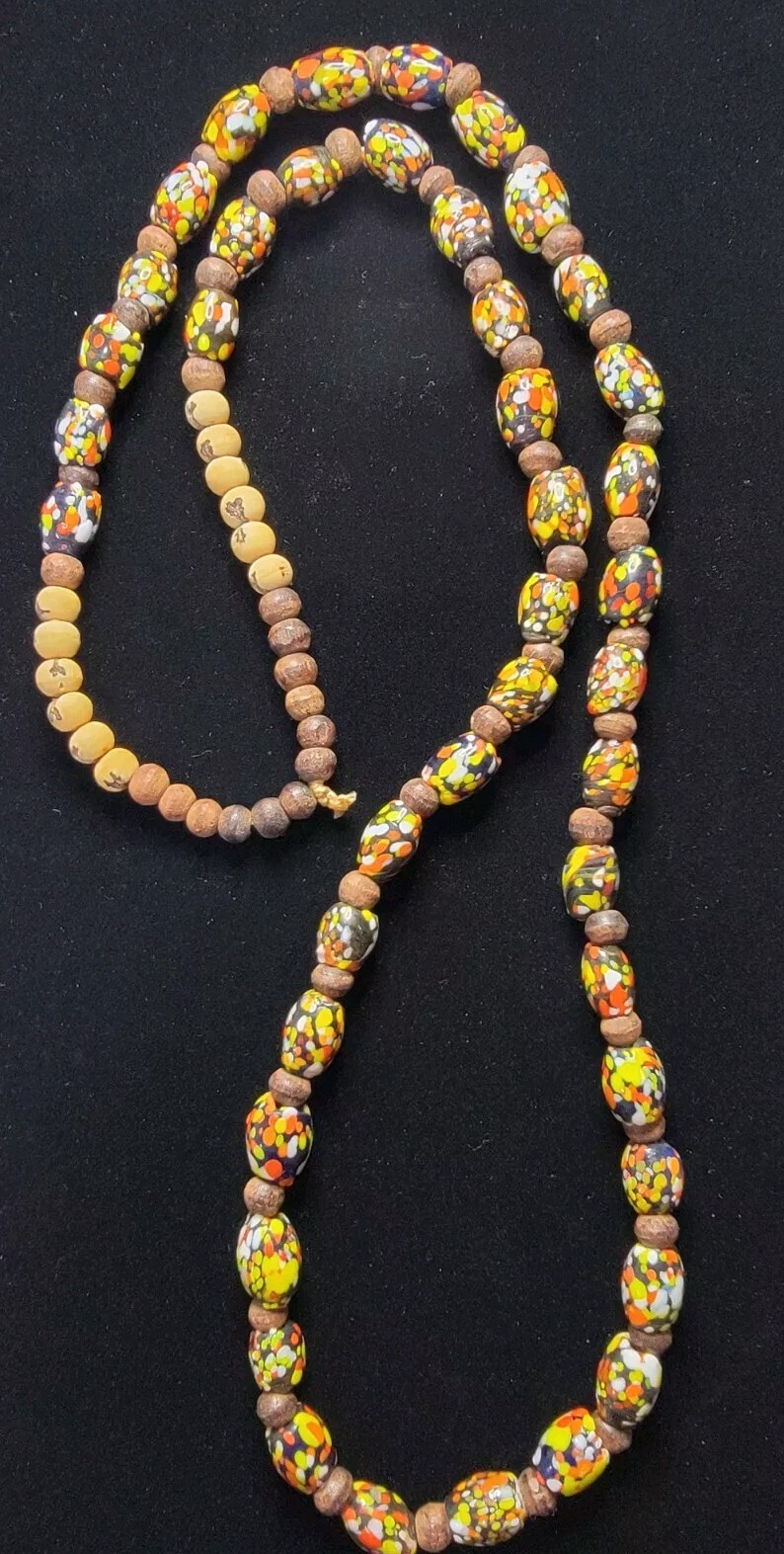 Vtg Wood Spacer Glass Trade Beads Black Blue Orange Yellow Necklace Roughly 32″