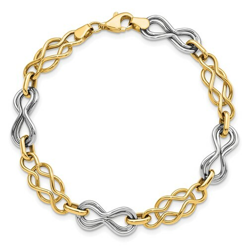 14k Gold Two Tone Yellow & White Fancy Infinity Open Link Hollow Fancy Bracelet