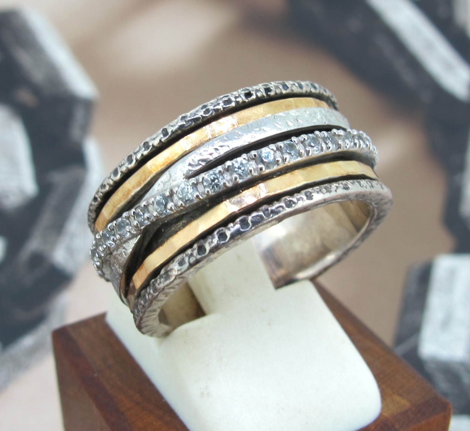 PZ Paz Creations 925 Silver & 14k Yellow Gold Diamonds Israel Movable Band 8