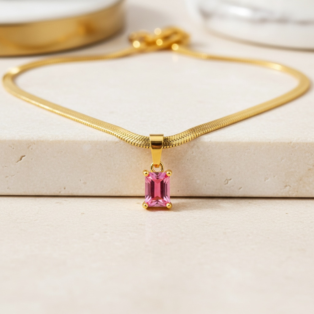 Diamond CZ Snake Chain – Emerald Cut Necklace | Dainty Herringbone | 18k Gold