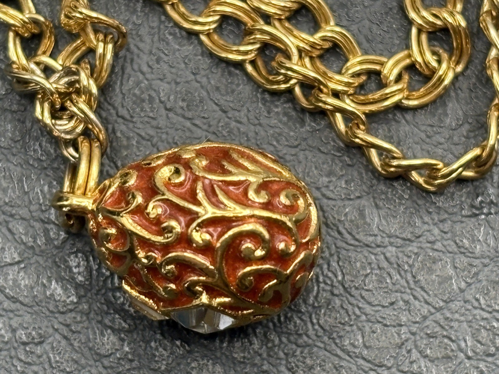 VTG Gold Tone Enamel Egg Charm Bracelet Clear Crystal Accents Double Link Chain
