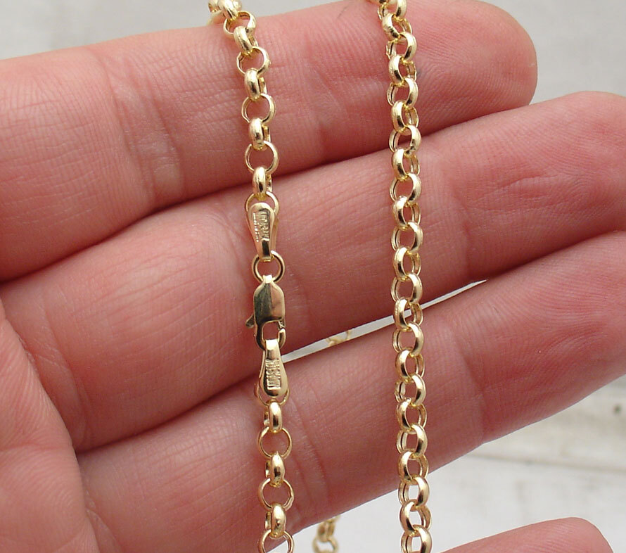 4mm Charm Rolo Chain Necklace Real 14K Yellow Gold 16″ 18″, 20″, 22″, 24″ 26″ 30