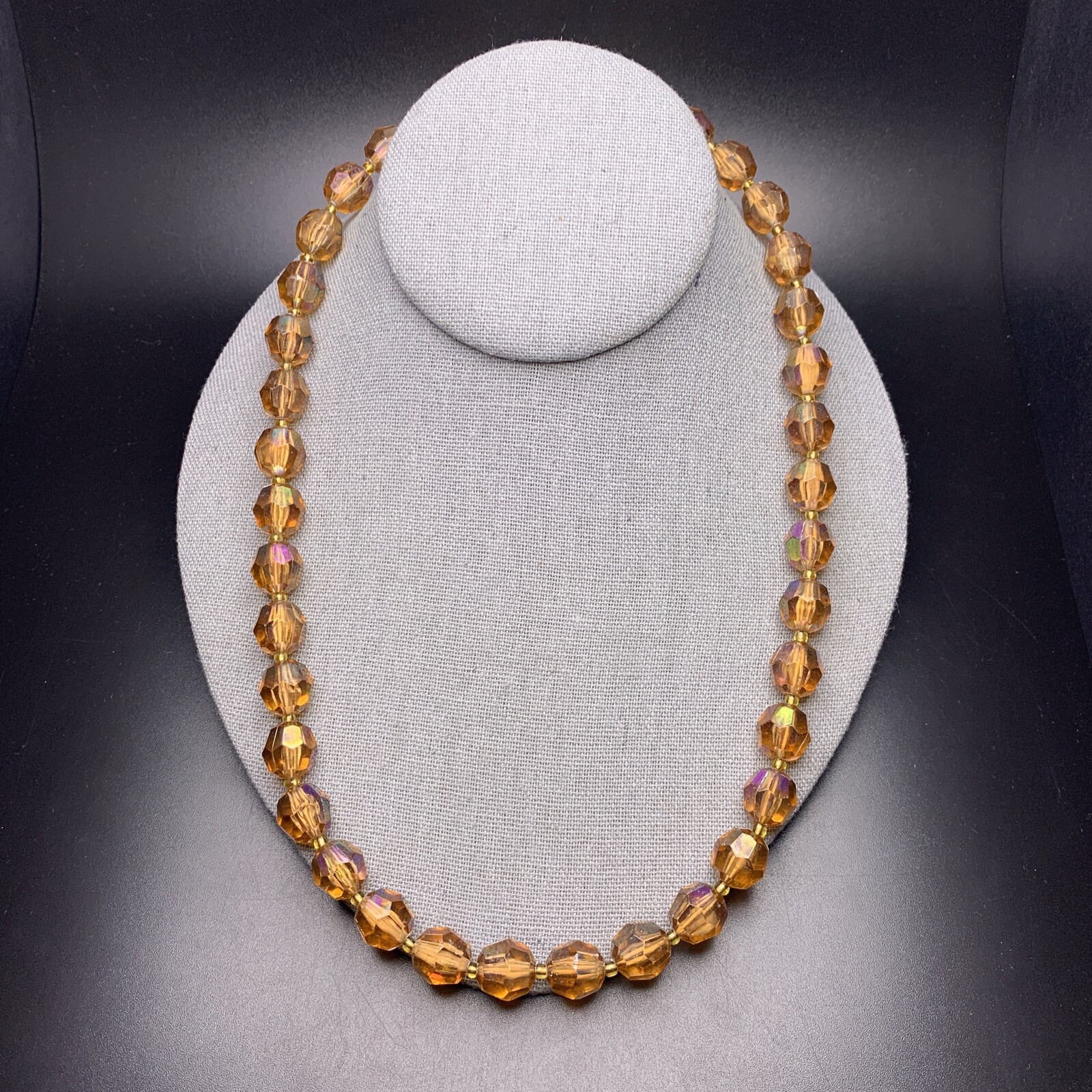 Honey Amber Tone Acrylic Bead Necklace Aurora Borealis AB Coated Beaded Vintage