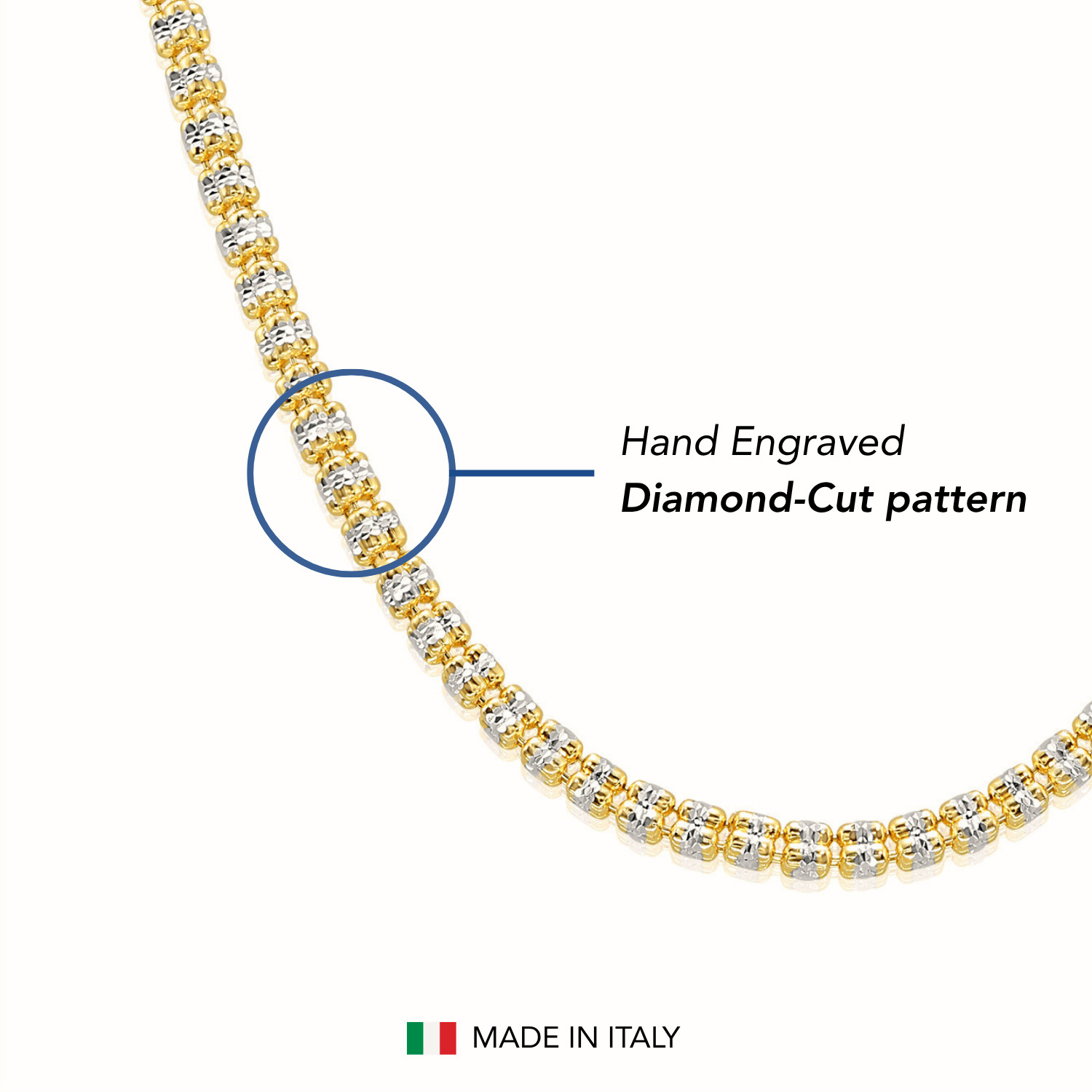 Two-Tone Gold 3mm Diamond-Cut Ice Italian Necklace 18″-24″ 925 Sterling Silver
