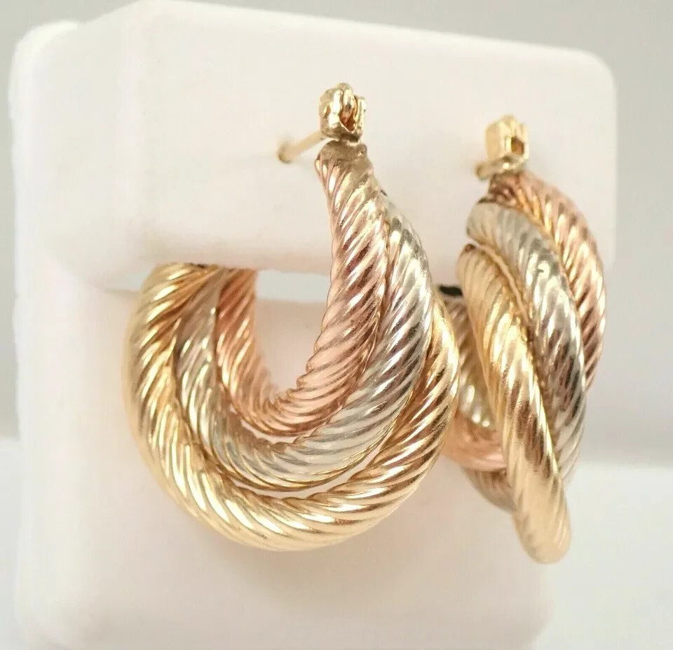 14K Yellow Rose White Gold Plated Silver TRI COLOR Hoop Earrings