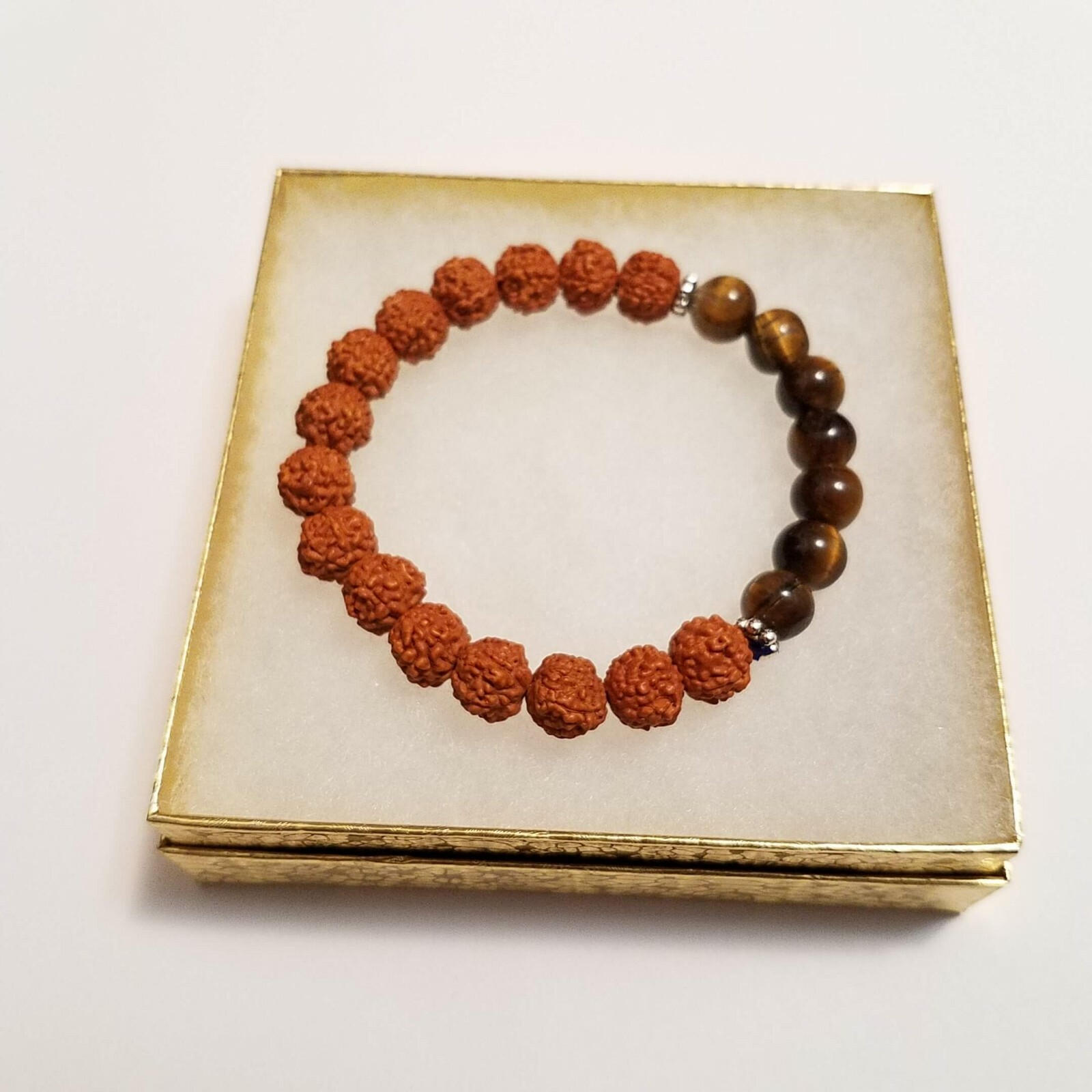 Rudraksha beads mala stretch bracelet with tiger eyes handmade unisex bracelet