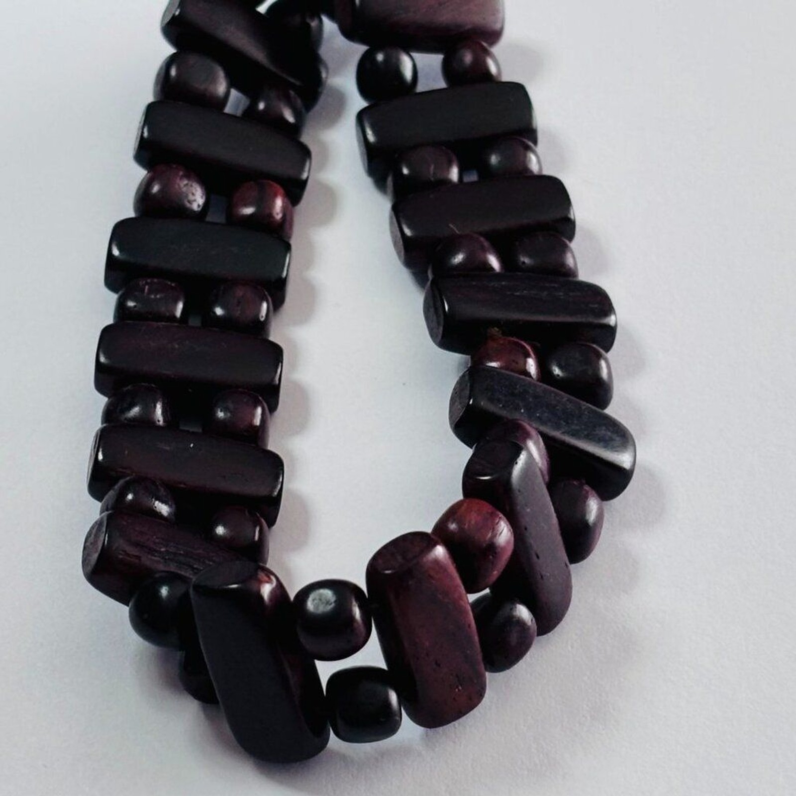 Boho Burgundy & Black Wooden Bead Stretch Bracelet Double Strand