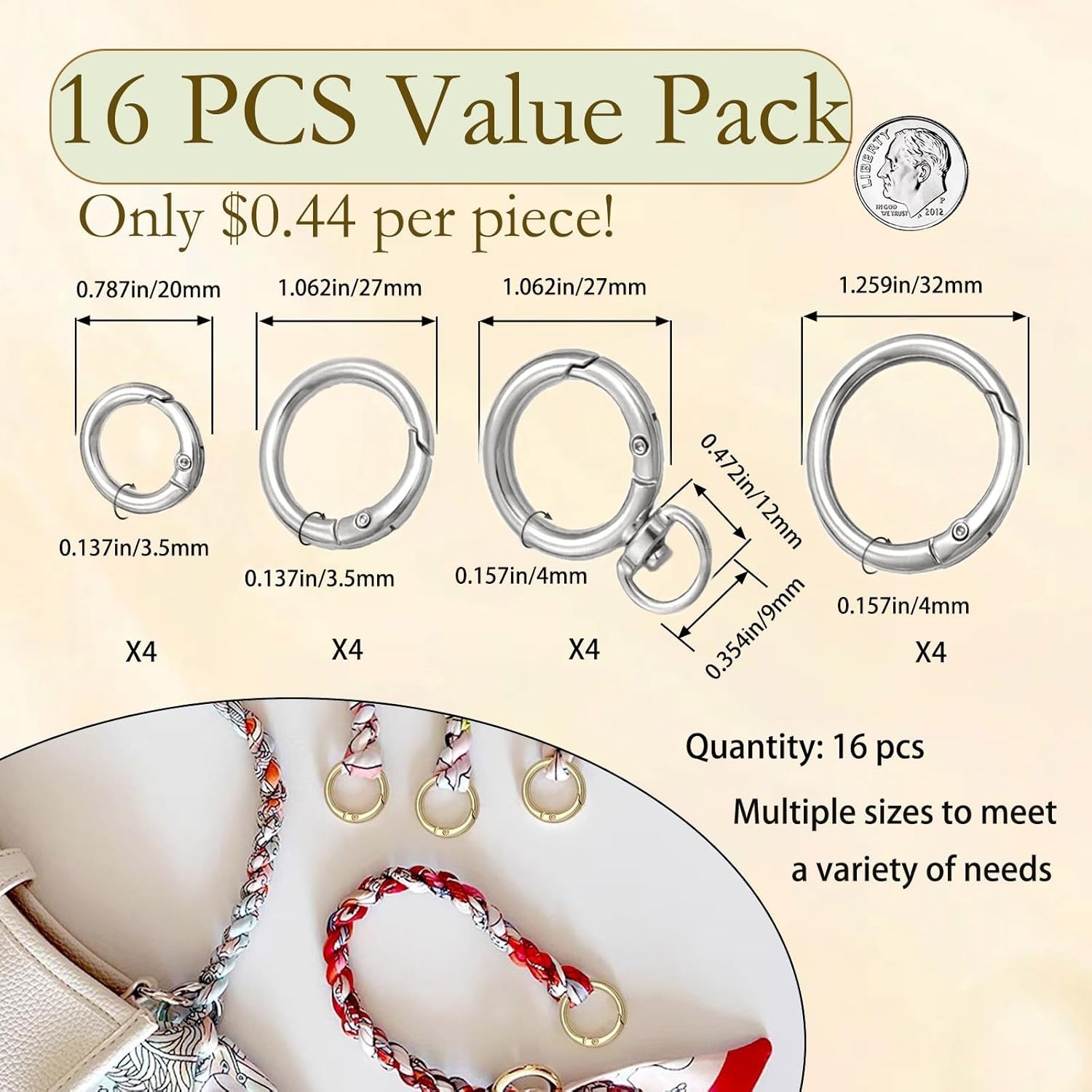 16PCS Metal Spring O Ring Set Assorted Sizes Silver Zinc Carabiner Keychain C…