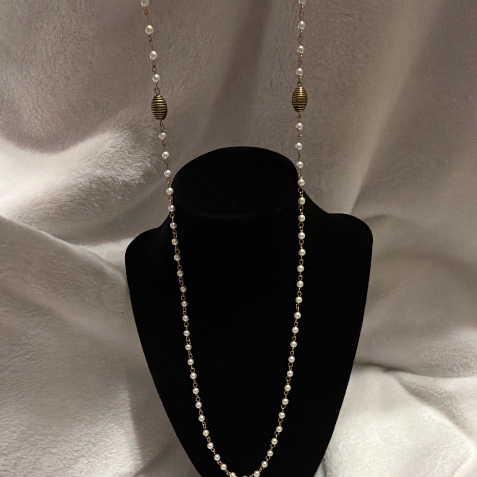 Gold Tone Layered White Faux Pearl Beaded Station Necklace Ball/Bead Chain