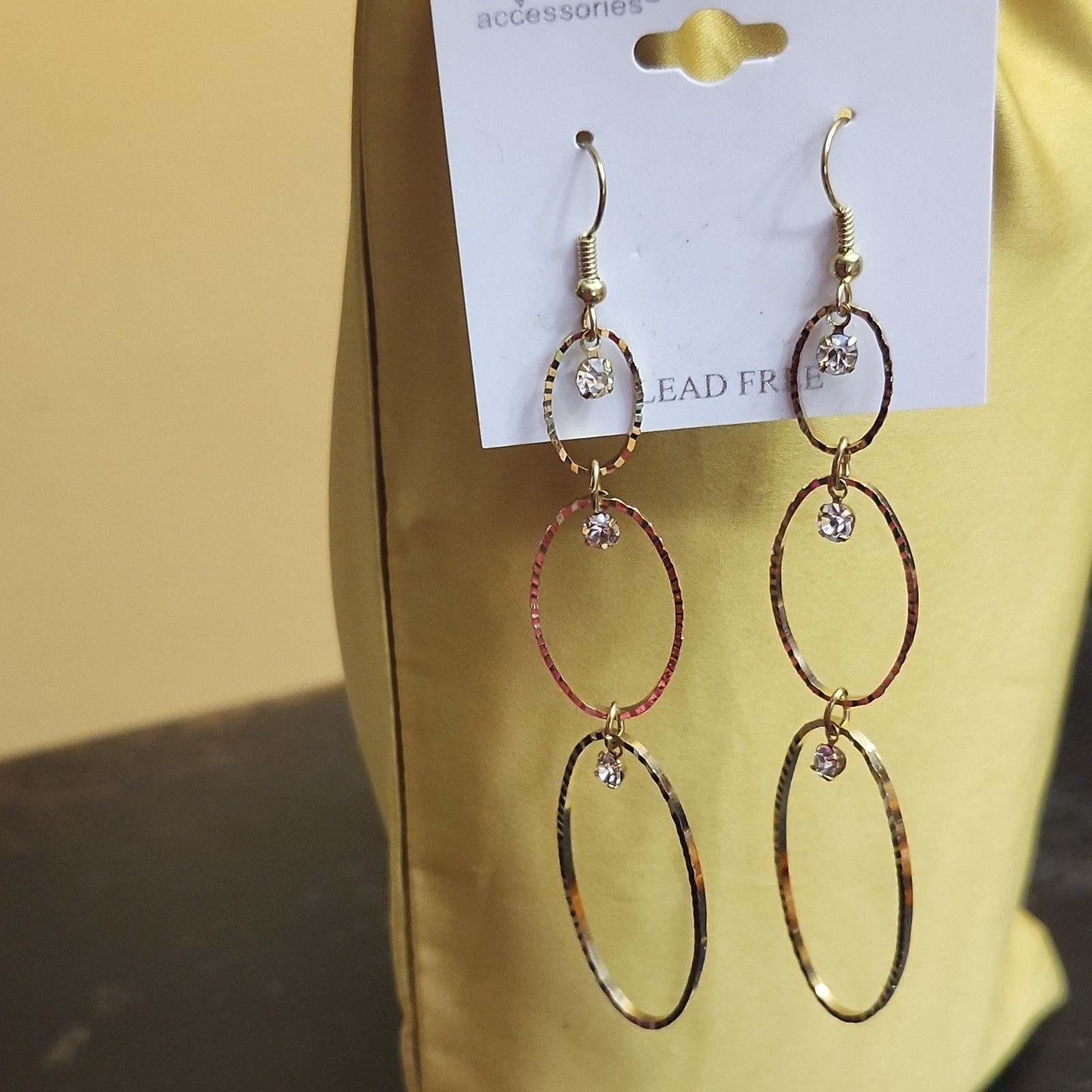 Gold-Tone Metal Oval Dangle/Drop Earrings White Crystal Accent Hook Closure