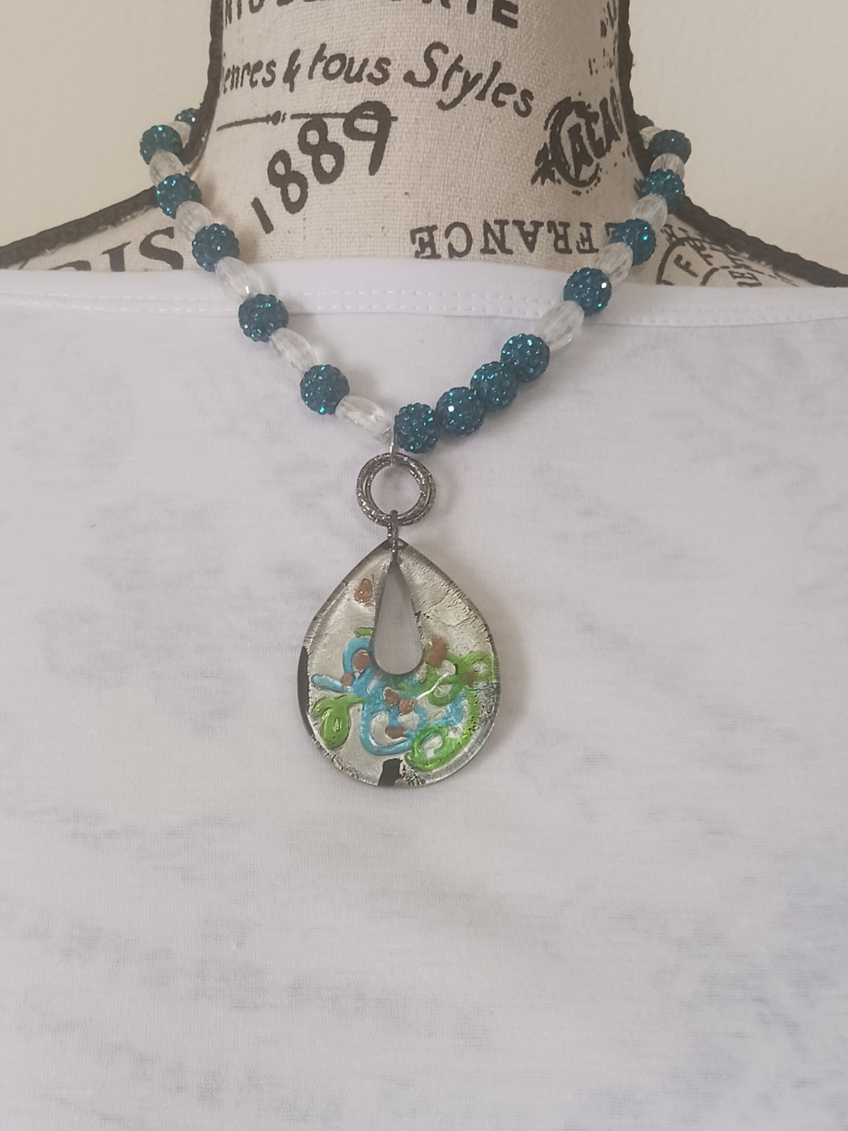 Artesian Collection Art Glass Pendant Necklace Blue Green Foil Beaded Boho