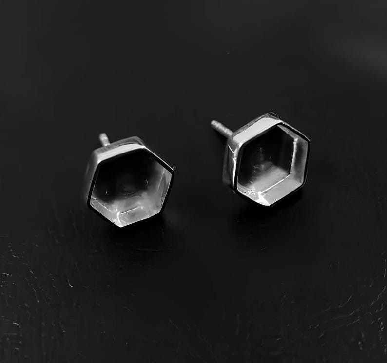 925 Sterling Silver Hexagon Bezel Stud Earrings Blank Cup for Resin Gemstone DIY