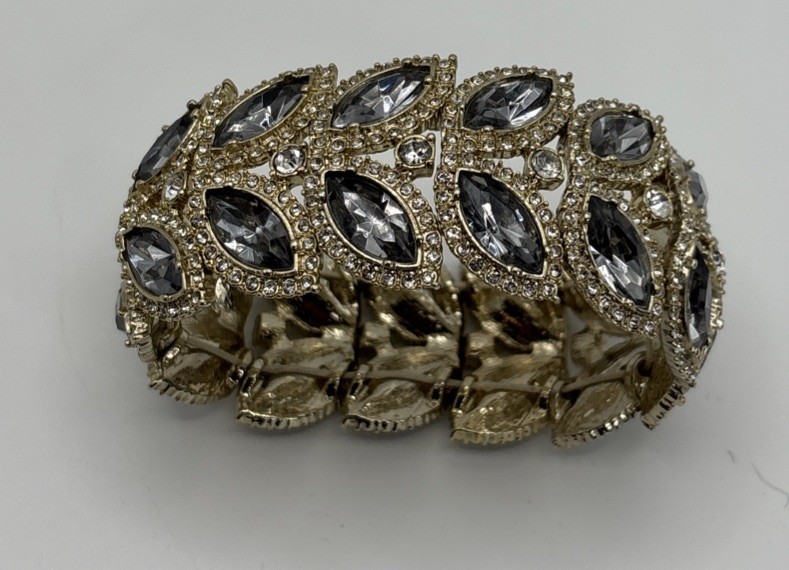 Vintage Crystal Wide Bracelet Angular Design Special Occasion Smokey-Gray 7in