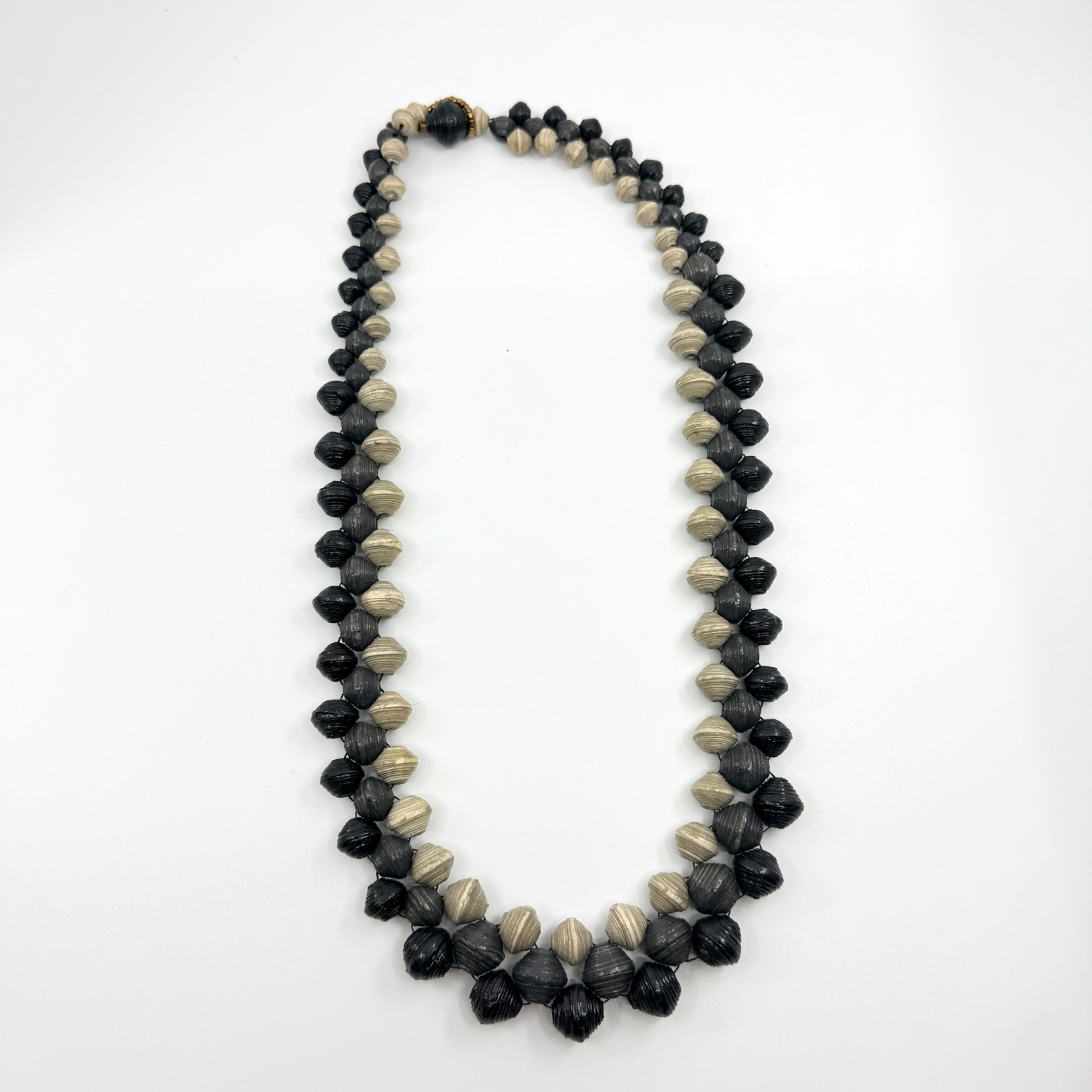 Vintage Boho Black Cream Handcrafted Rolled Paper Bead Strand Statement Necklace