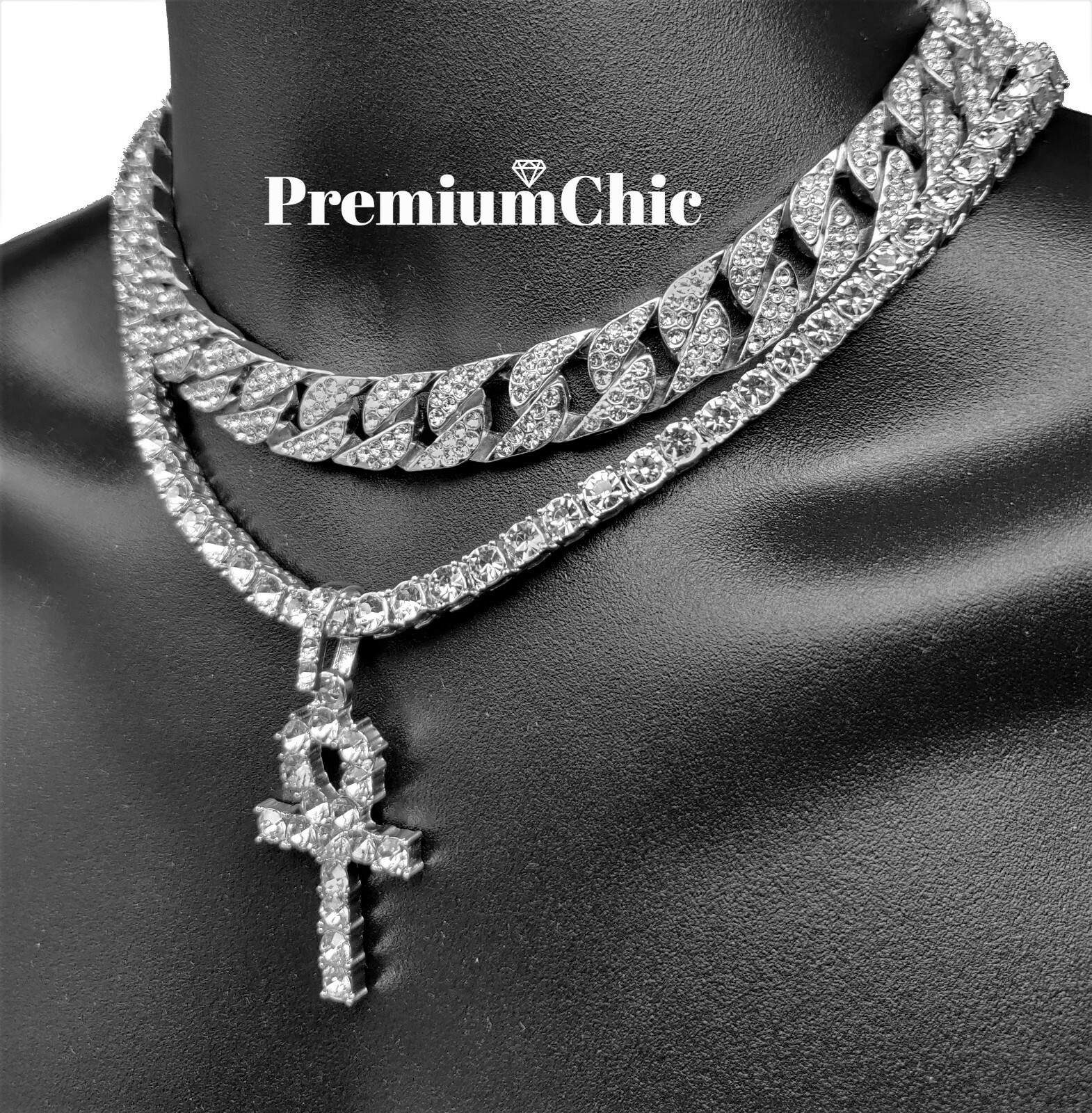3pc, ANKH Pendant, Tennis Necklace, Miami Cuban Choker Plated CZ Jewelry SET