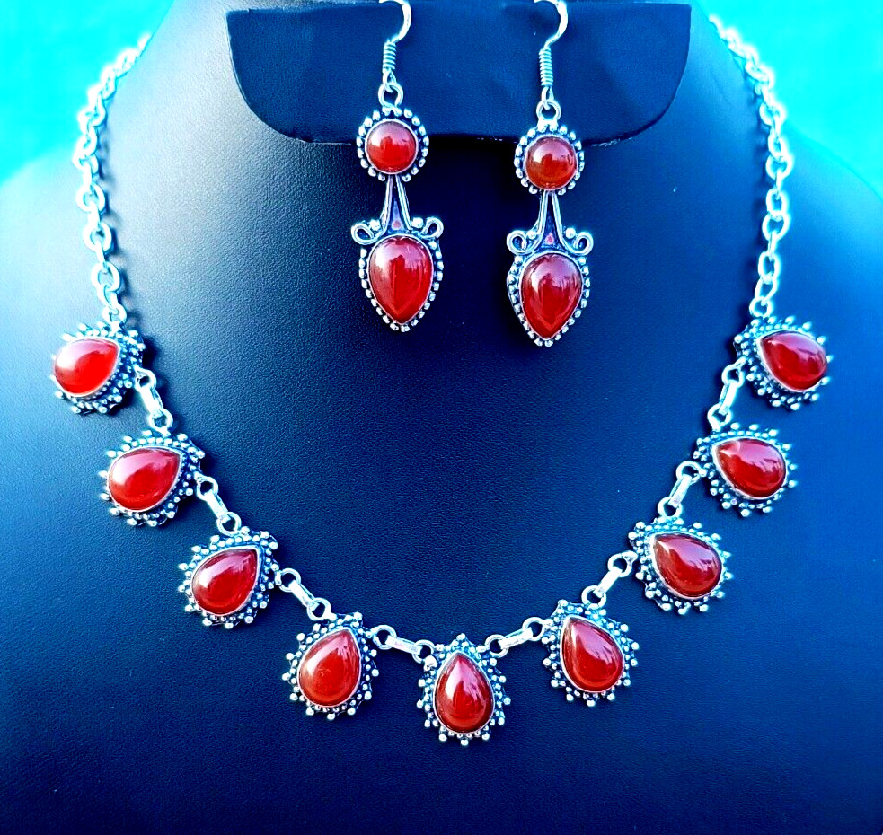 Carnelian Gemstone Jewelry Sets 925 Sterling Silver Handmade Necklace Earrings