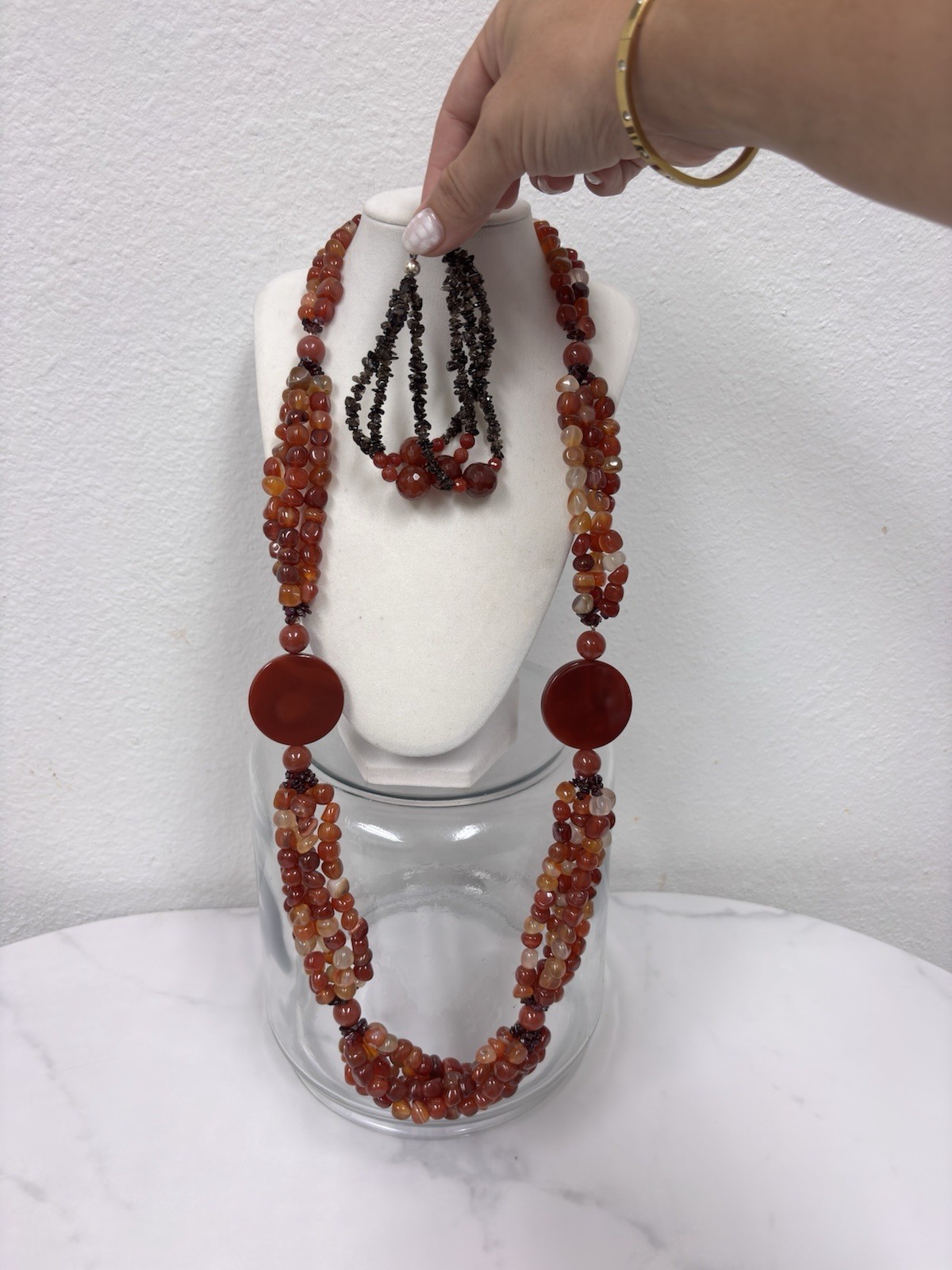 Genuine Carnelian Stone necklace 32” Hand Beaded W Smoky Quartz Bracelet 925