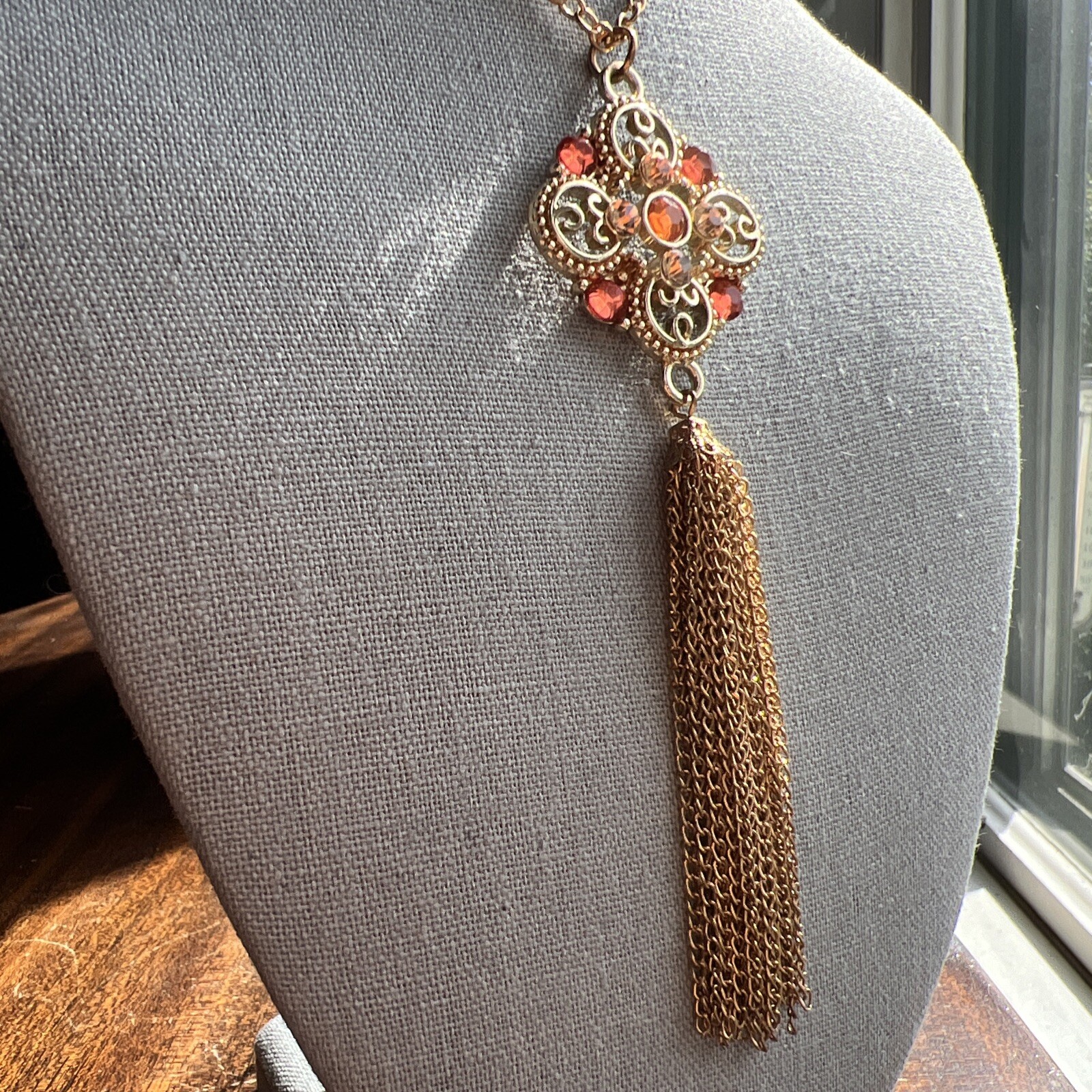 Mid-Century Orange /Pink Rhinestone Gold Tone Tassel Statement Necklace Fabulous