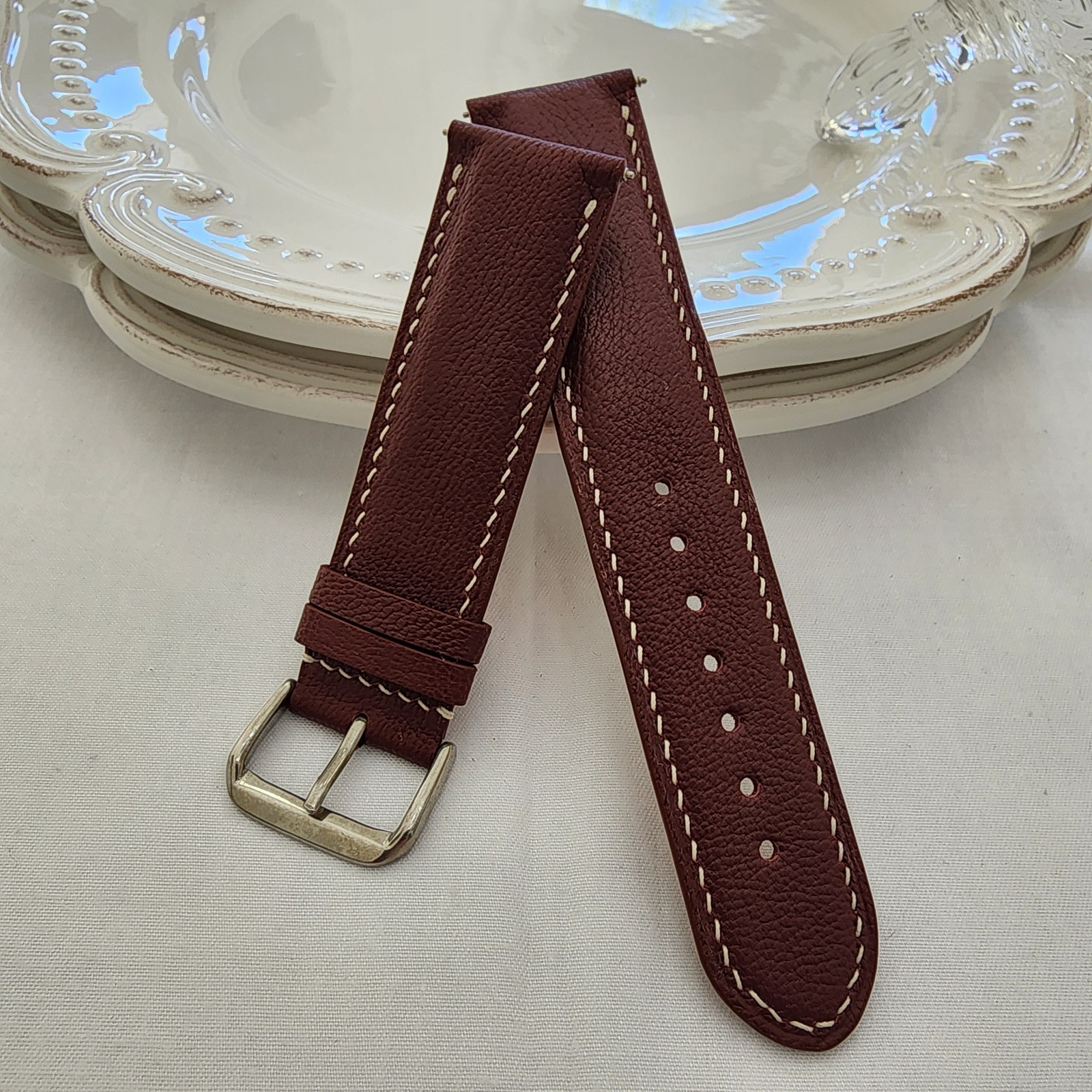 22mm Burgundy French Sheepskin Leather Watch Strap Handmade 22-20
