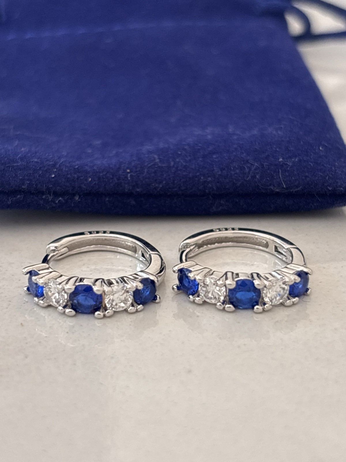 Sterling Silver Blue Sapphire CZ Huggie Hoop Earrings 925 Cubic Zirconia Gift