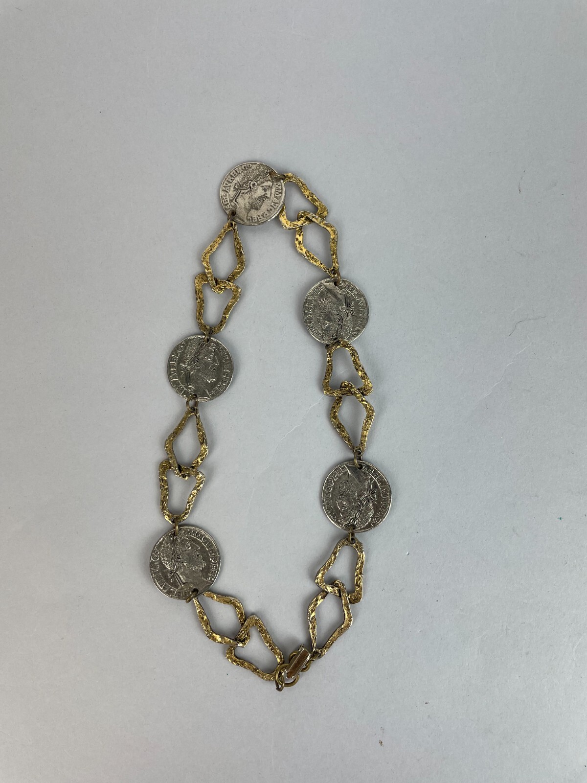 Vintage 1970’s Silver & gold tone Faux Roman Coins Long Rope style Necklace 18″