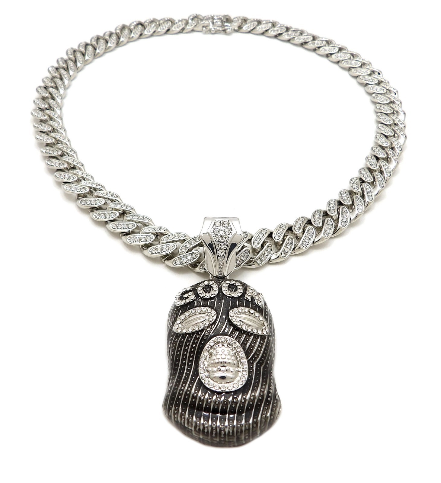 Hip Hop Goon Mask pendant & Full Iced Cubic Zirconia Cuban Chain Bling Necklace