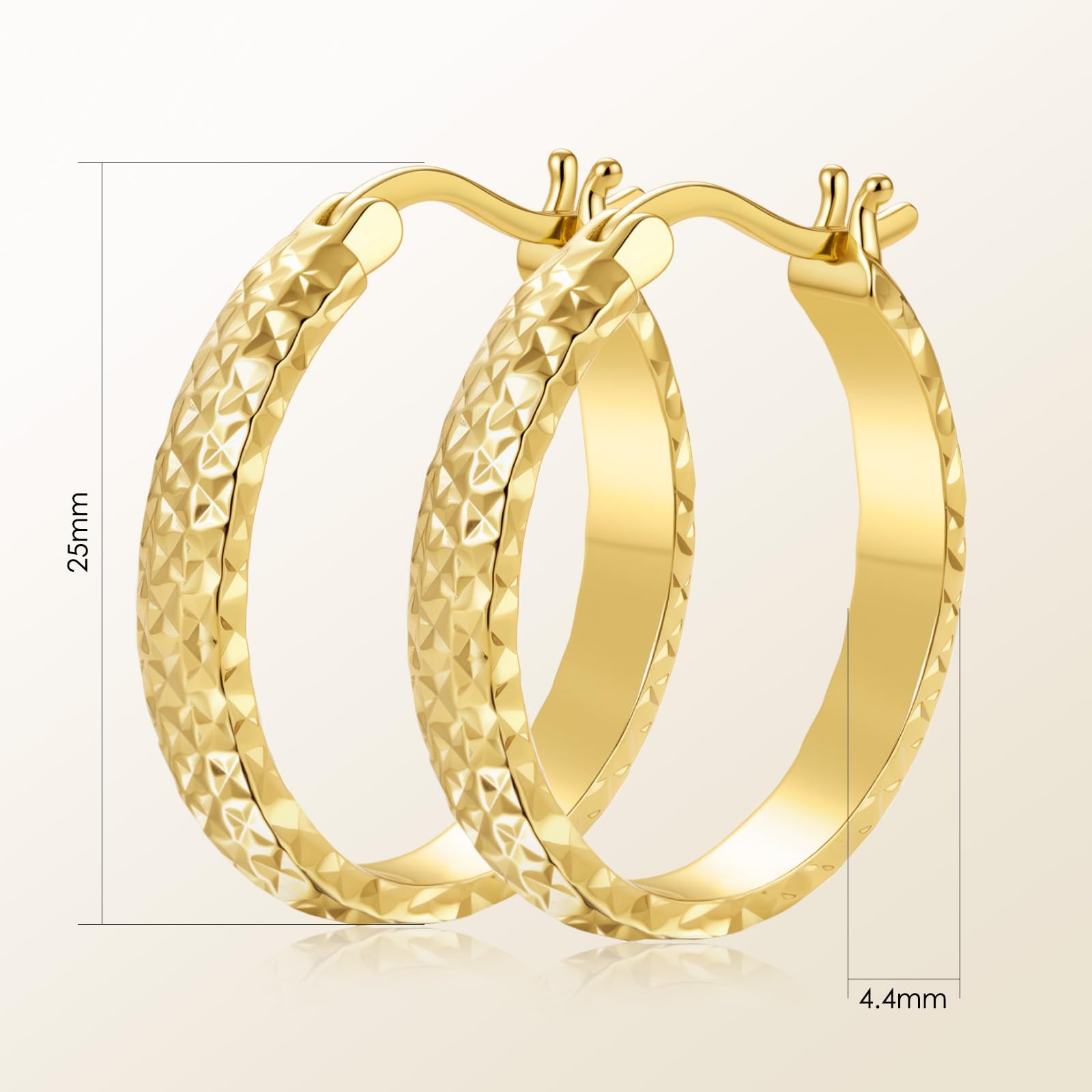 14K Yellow Gold Hoop Earrings for Women 4.4mm*25mm Trendy Diamond Cut Texture…