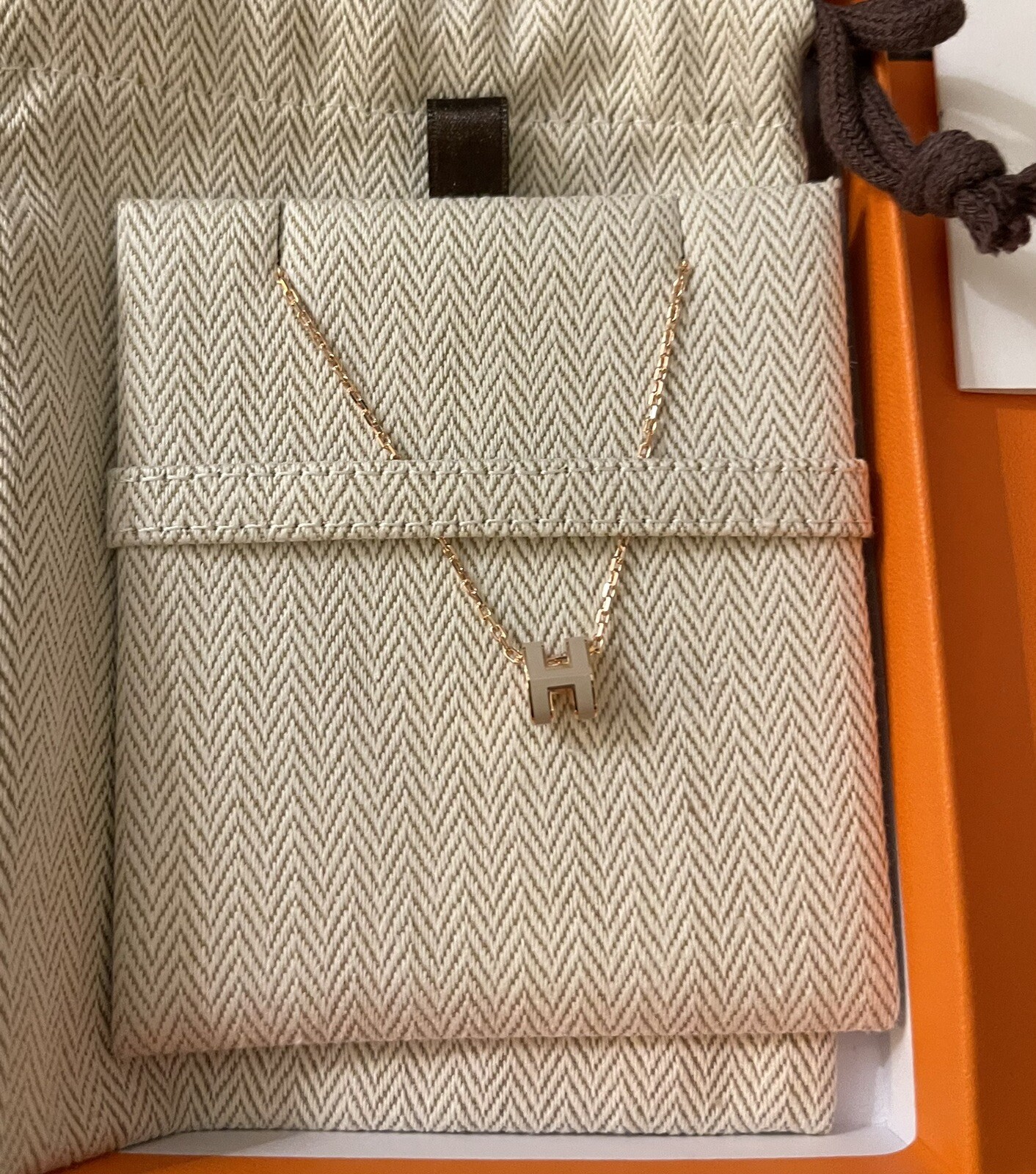 New HERMES Mini Pop H Pendant Necklace Marron Glace Rose Gold Hardware RGHW