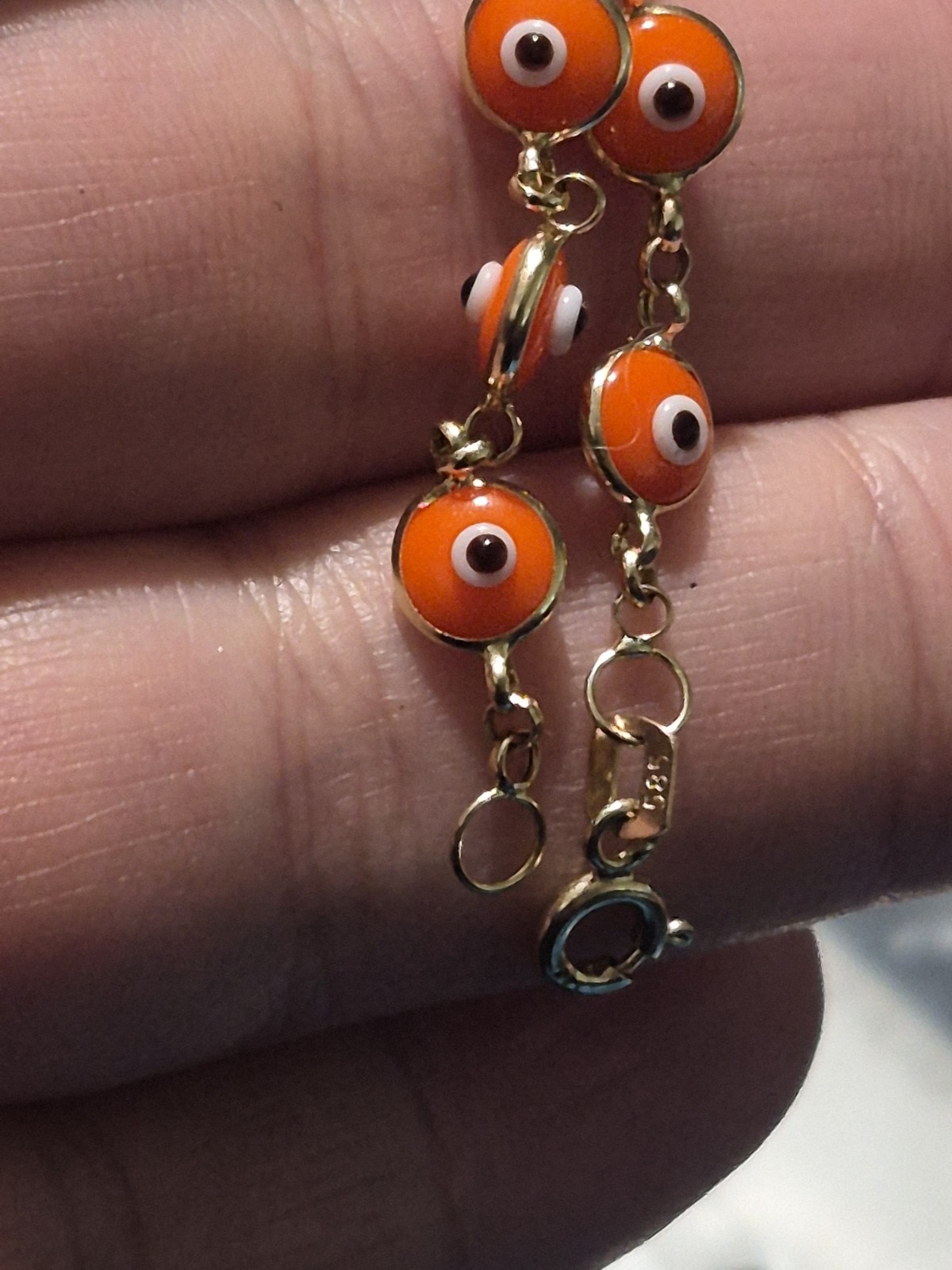 Solid Gold 14k 585 Stamped Evil Eye Bracelet Orange 6in