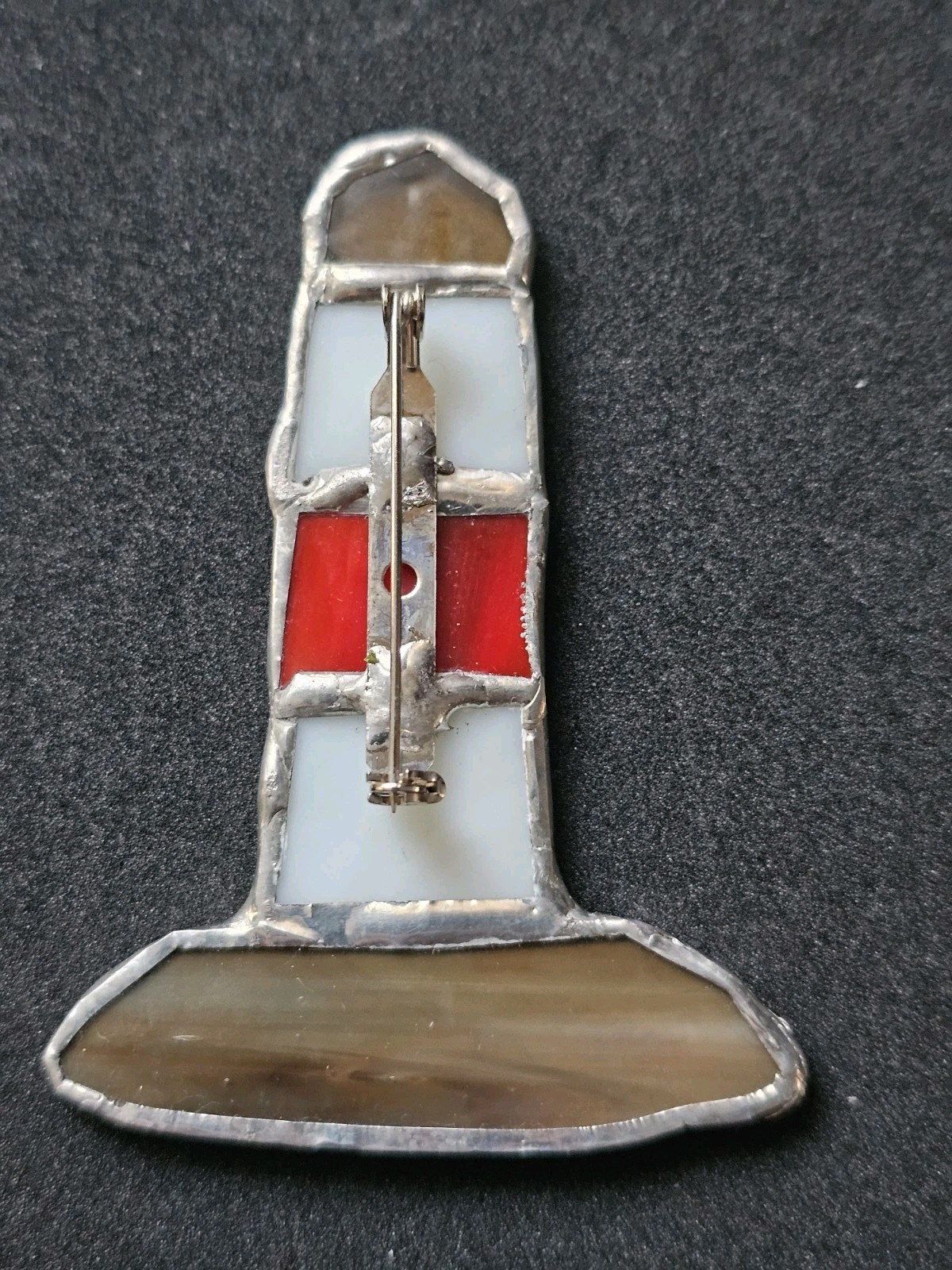 Vtg Retro Handmade Stained-Glass Large 3″ Lighthouse Brooch Pin Red White Sand