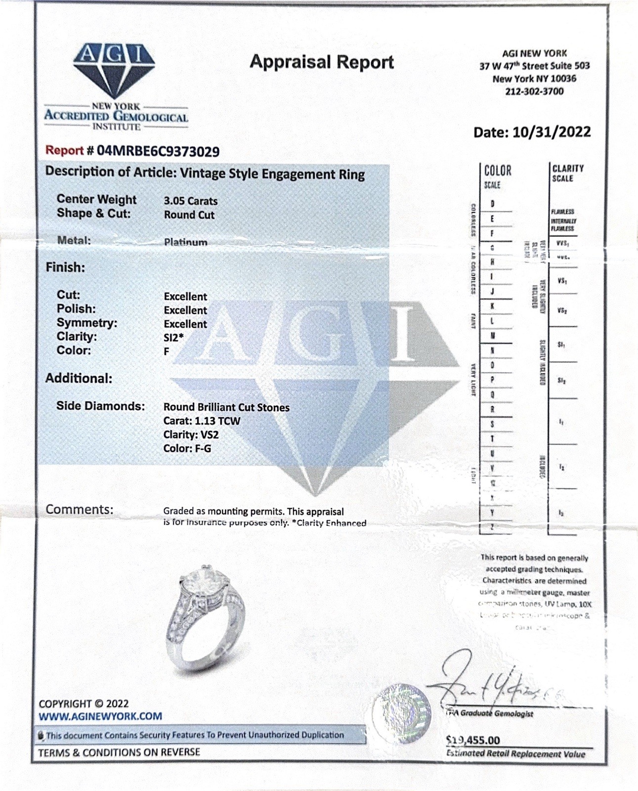 3.05ct Natural Diamond Ring Platinum F SI2 +1.13ctw Sides Size 5.5