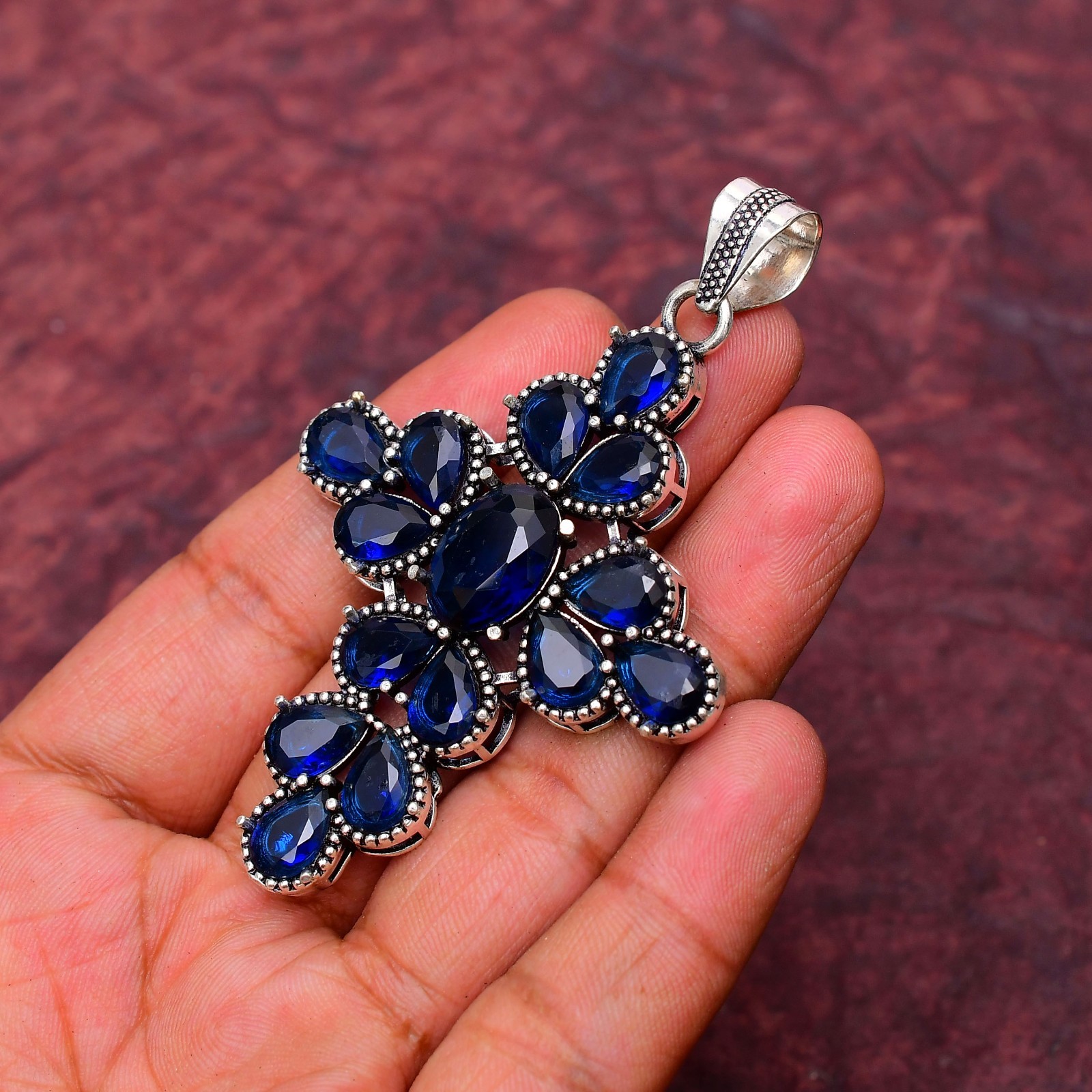 Blue Sapphire(Lab-Created) Gemstone 925 sterling silver Handmade Pendant : 2.75″