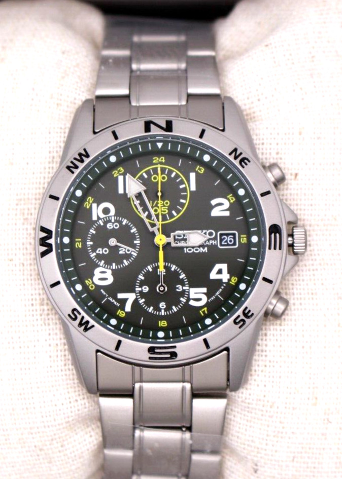 SEIKO SND377P Chronograph Men’s Watch New Green Silver Authentic Military Japan