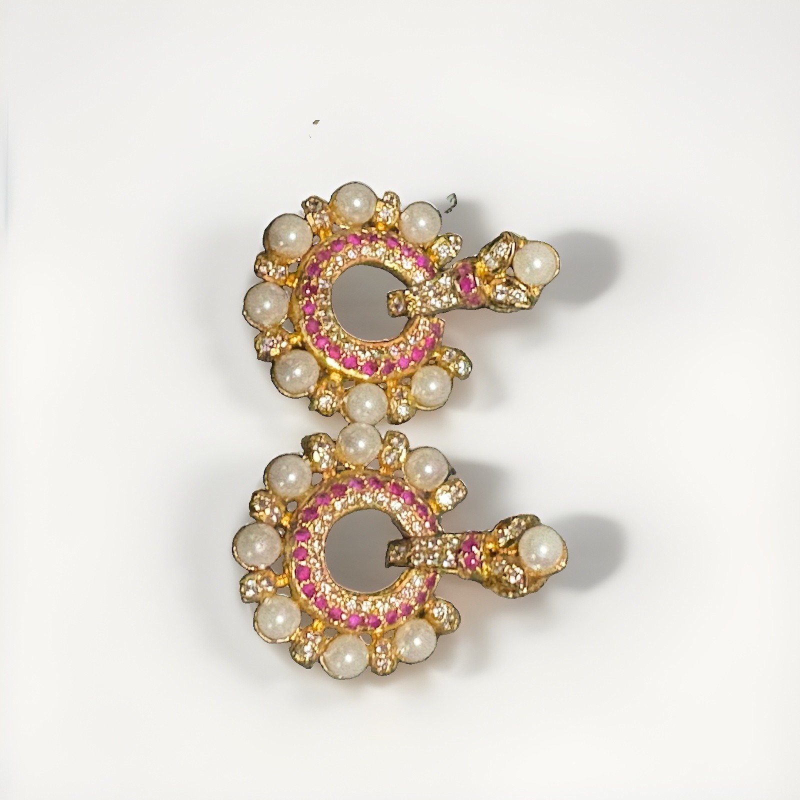 New Gold Tone Faux Pearl Pink Rhinestone Statement Drop Earrings Pierced