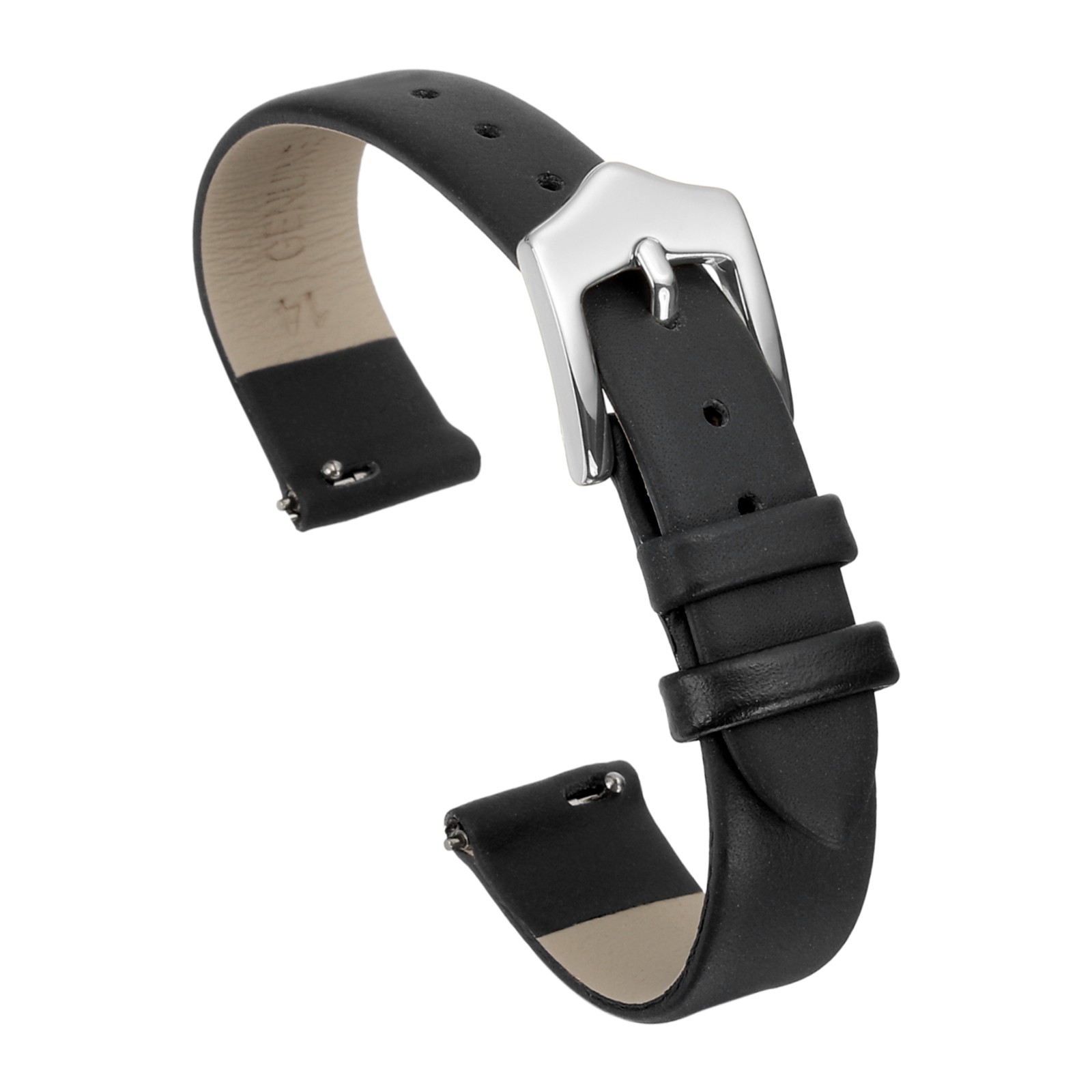 14mm Black Genuine Leather Watch Bands with Silver Buckle for Women