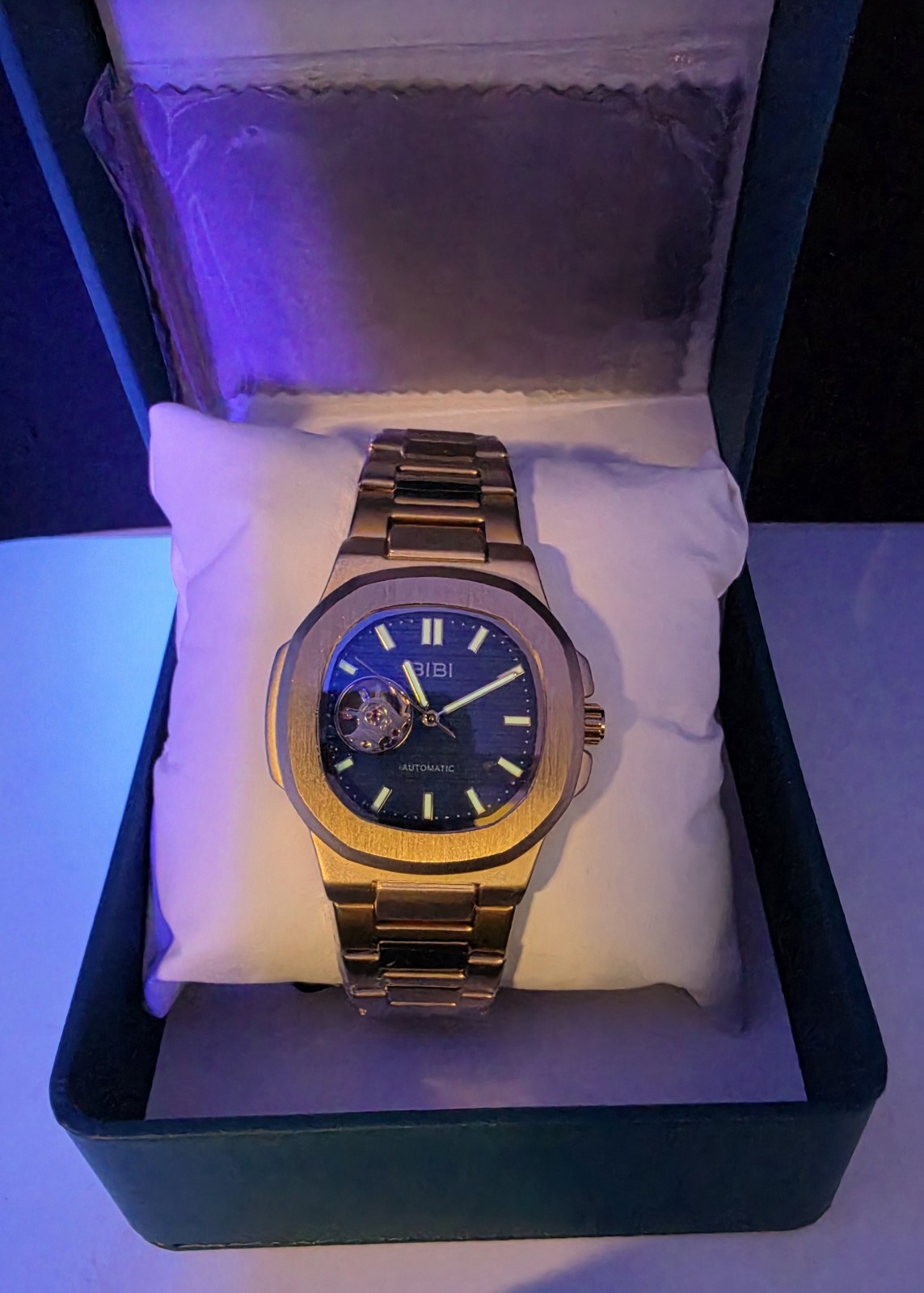 BIBI Luxury Automatic Skeleton Blue Face Watch Gold-Tone Stainless Steel Band