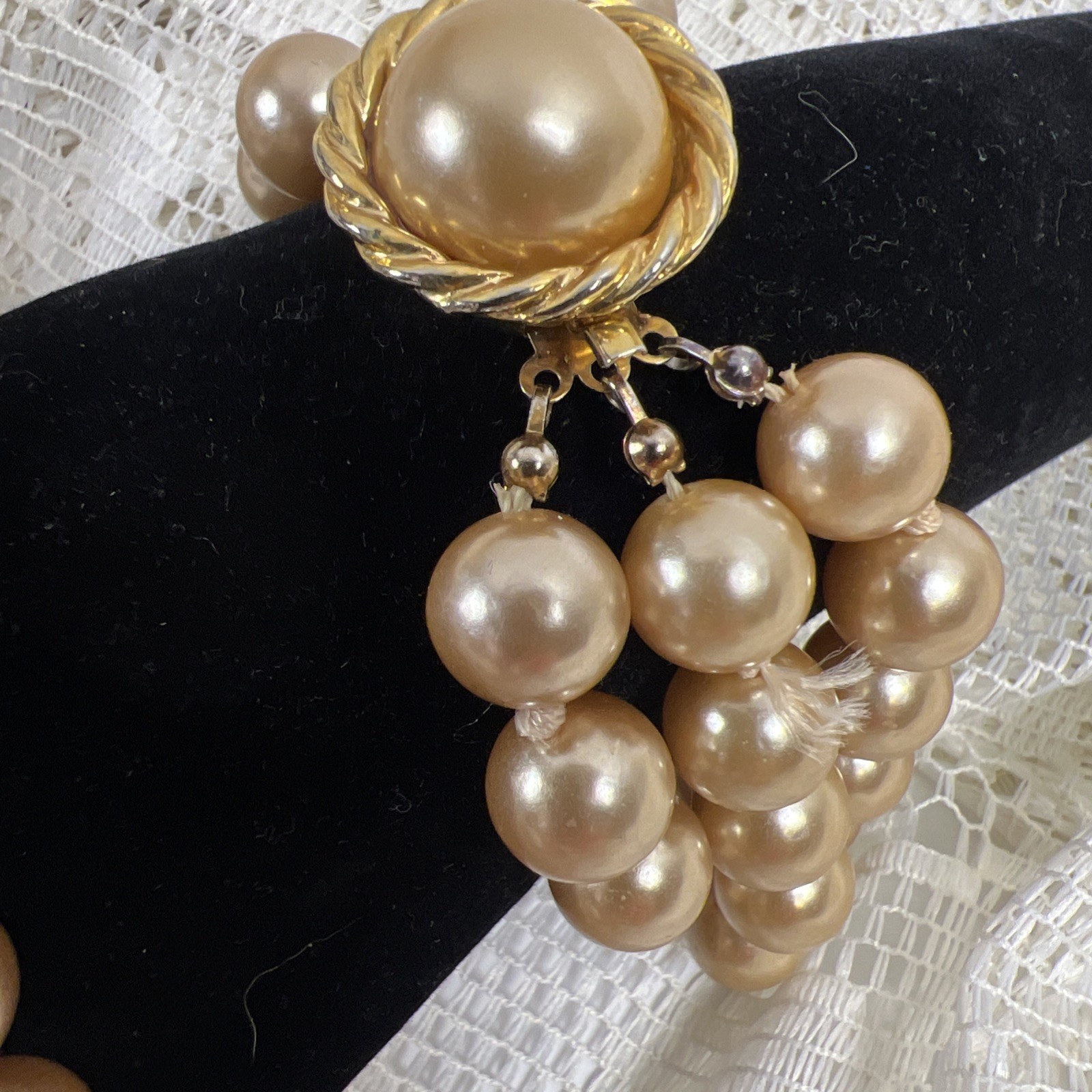Vintage Champagne Cream Faux Pearl Hand Tied Necklace Graduated & Bracelet