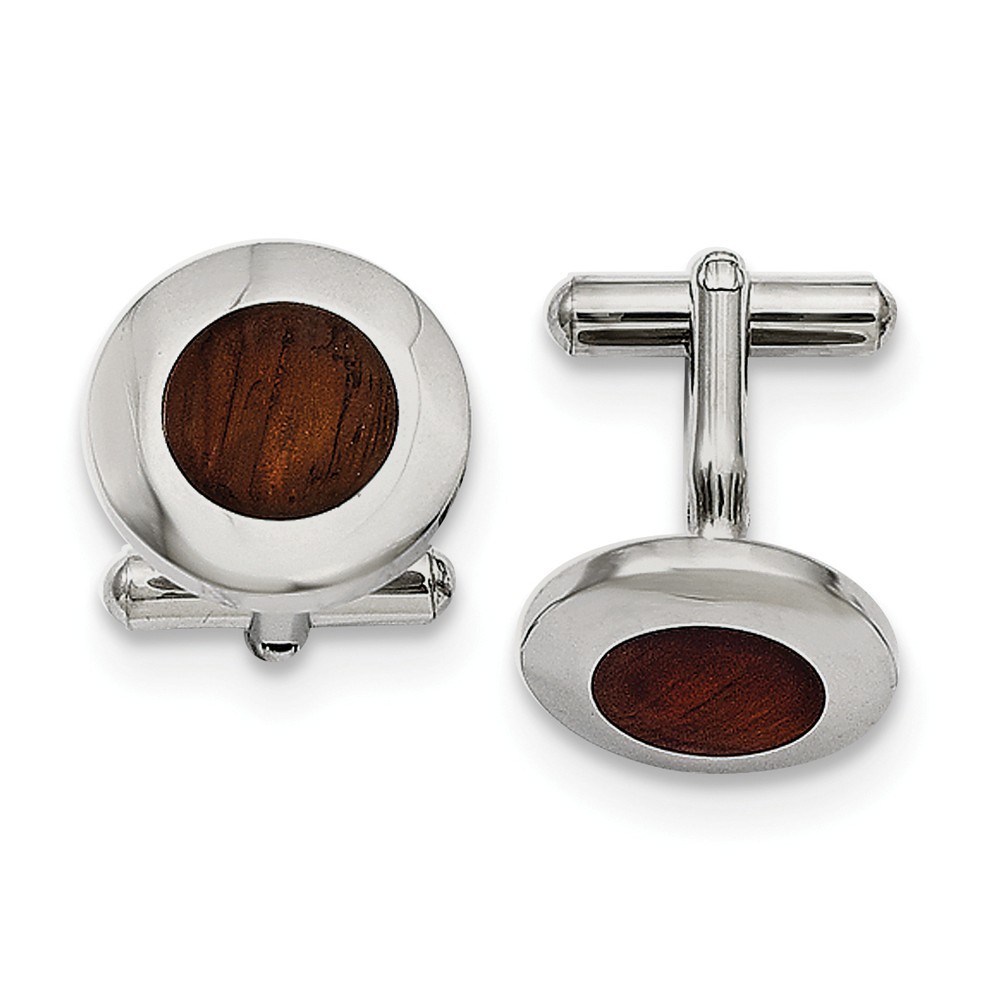 Men’s Stainless Steel and Wood Inlay 15mm Round Cuff Links