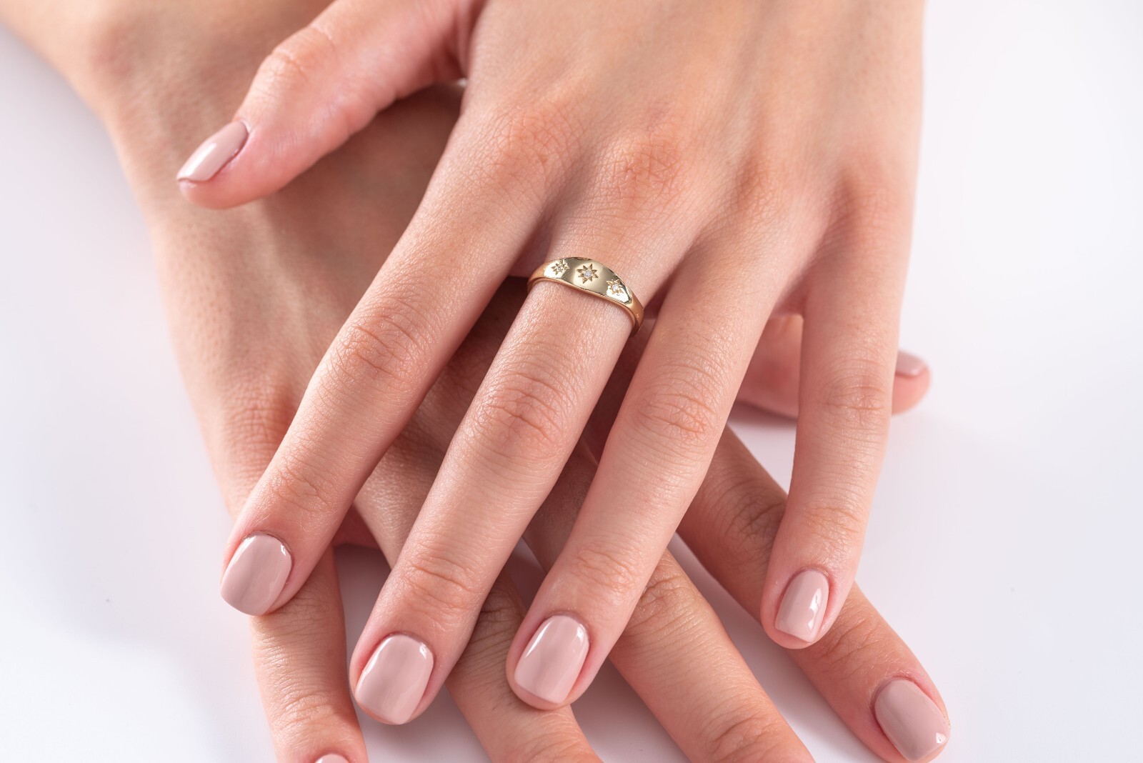 9k Solid Gold Starburst Signet Ring: Cubic Zirconia Polaris Ring