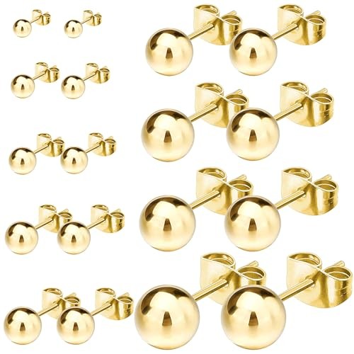 NEWITIN 9 Pairs Gold Ball Stud Earrings for Women Hypoallergenic Earring 18K Gol