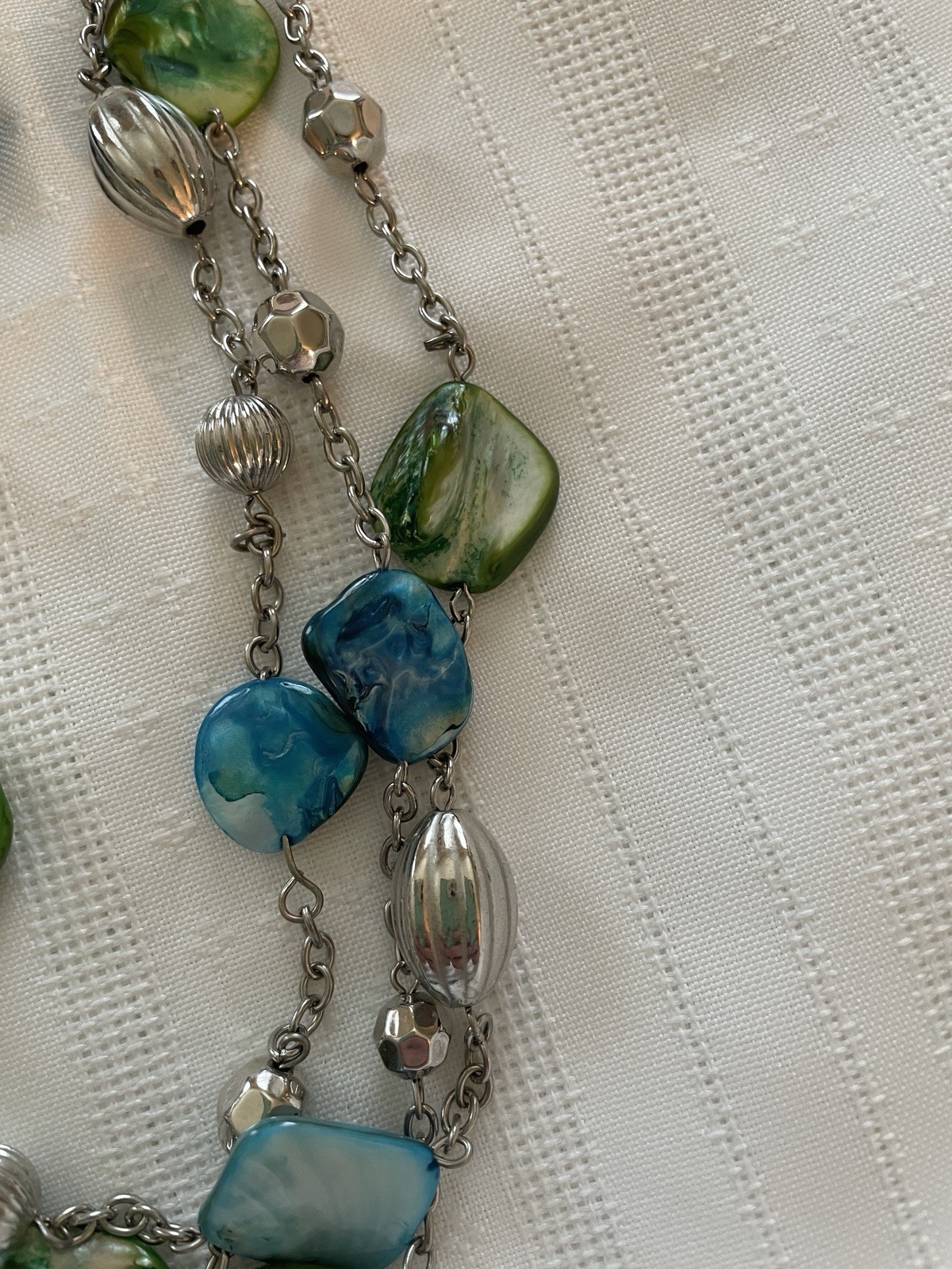 2 Iridescent Shell Bead & Metal Accent Necklaces / Pair Matching Clip Earrings