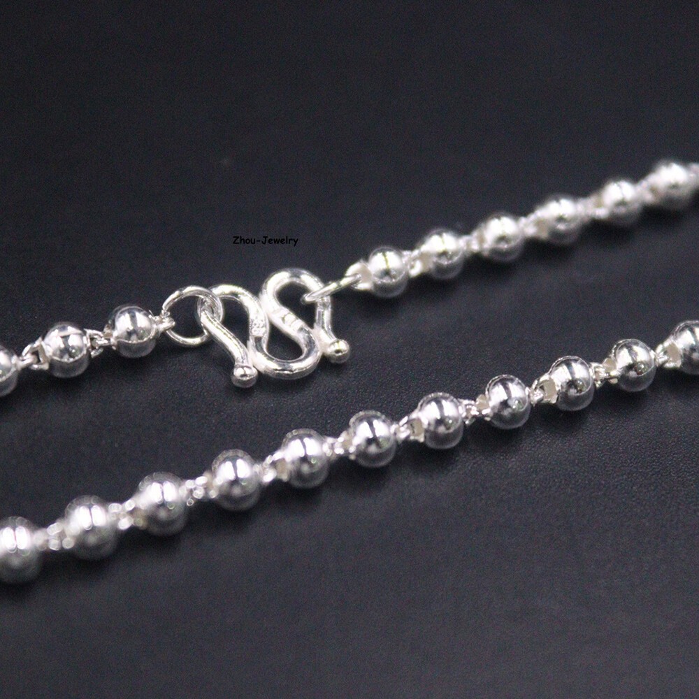 Pure S999 Fine Silver 999 Chain 3mm Lucky Smooth Beads Link Necklace 8-9g 17.9in