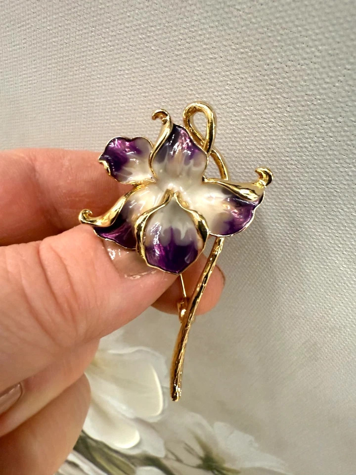 New Orchid Enamel Flower Brooch, 2.28-Inch, 14K Gold‑Plated Pin
